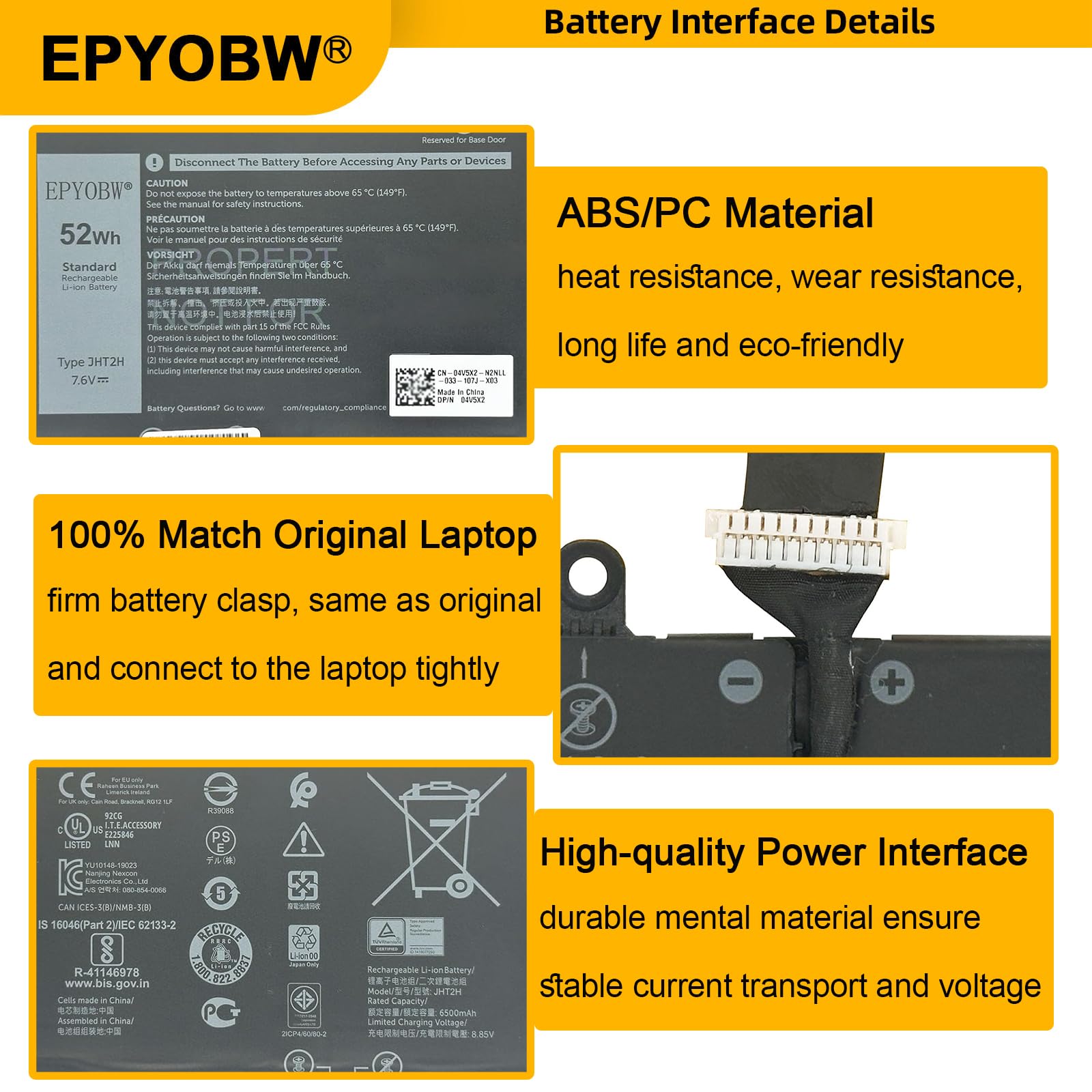 AolsteCell 52Wh バッテリー Dell Latitude 7310 EPYOBW JHT2H Battery 52Wh 6500mAh 4-Cell 7.6V Compatible with Dell