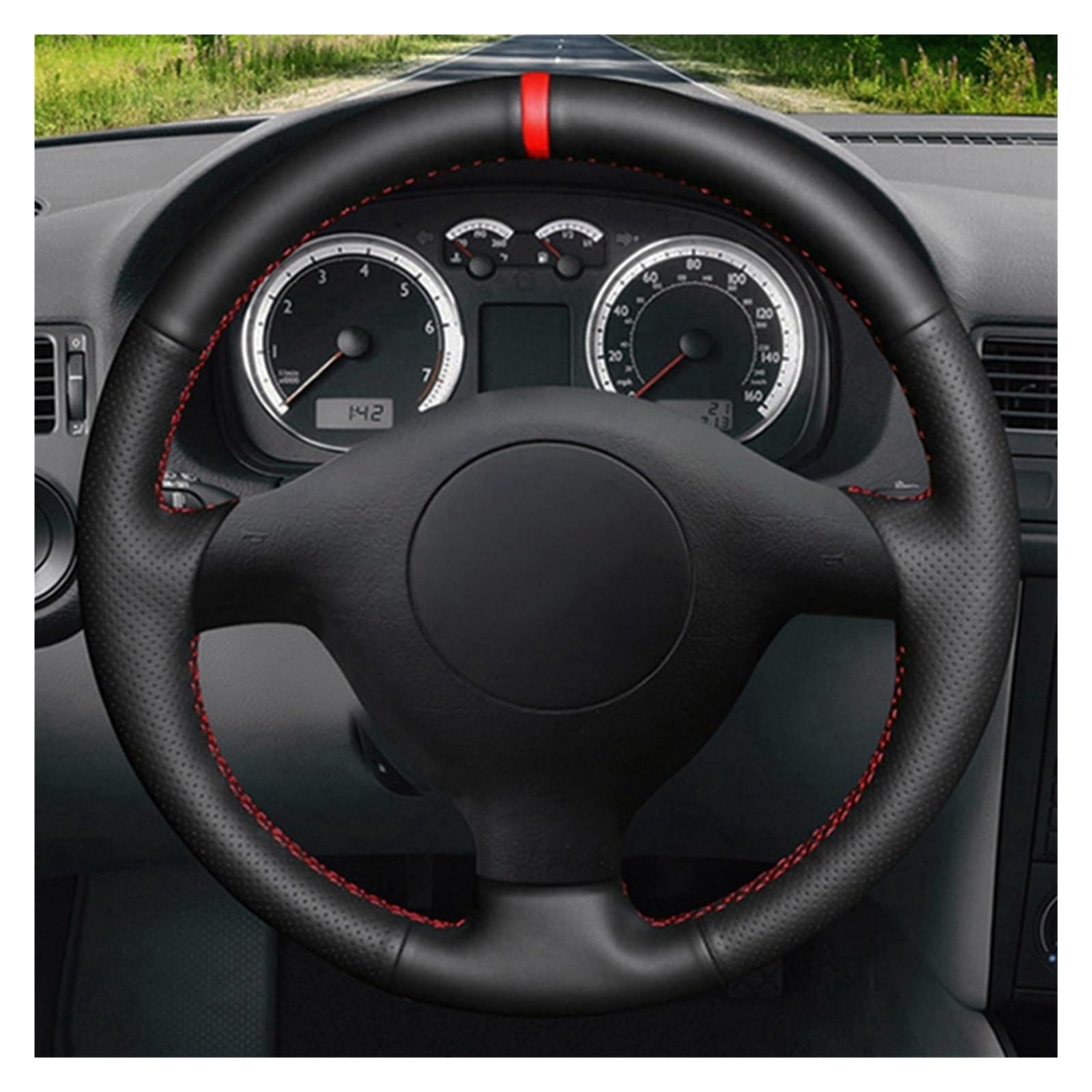 PU Funda Volante para VW para Bora Seat Leon MK1 1998-2005 para Skoda para Fabia 1 2004 2005 Protector para Volante Coche Gamuza Cuero Genuino Negro Interiores Volante Coche (Color : Style 2)
