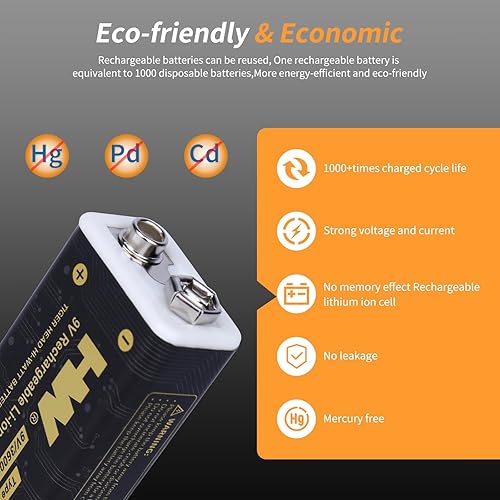 Miniatura 8 de HW Baterías de litio recargables de 9 V, 1 paquete de baterías recargables USB tipo c de 9 voltios, carga rápida de 1.5 H, 1000 ciclos con larga