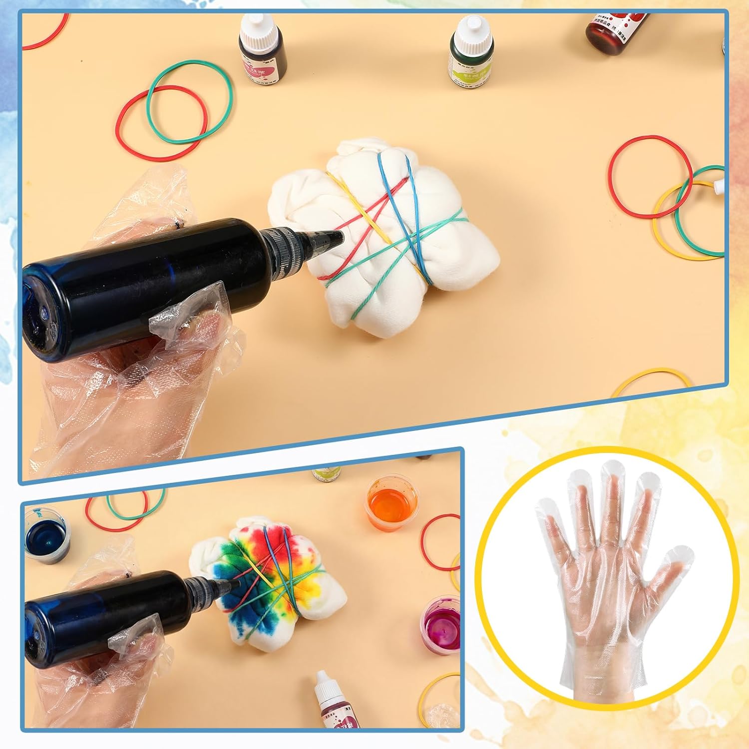 100 Pcs Rubber Bands Kit for Tie Dye Projects Craft Project Colorful Elastic Rubber Band with 100 Pairs Gloves 100 Sealed Bags for Office Supplies Tie Dye Accessories