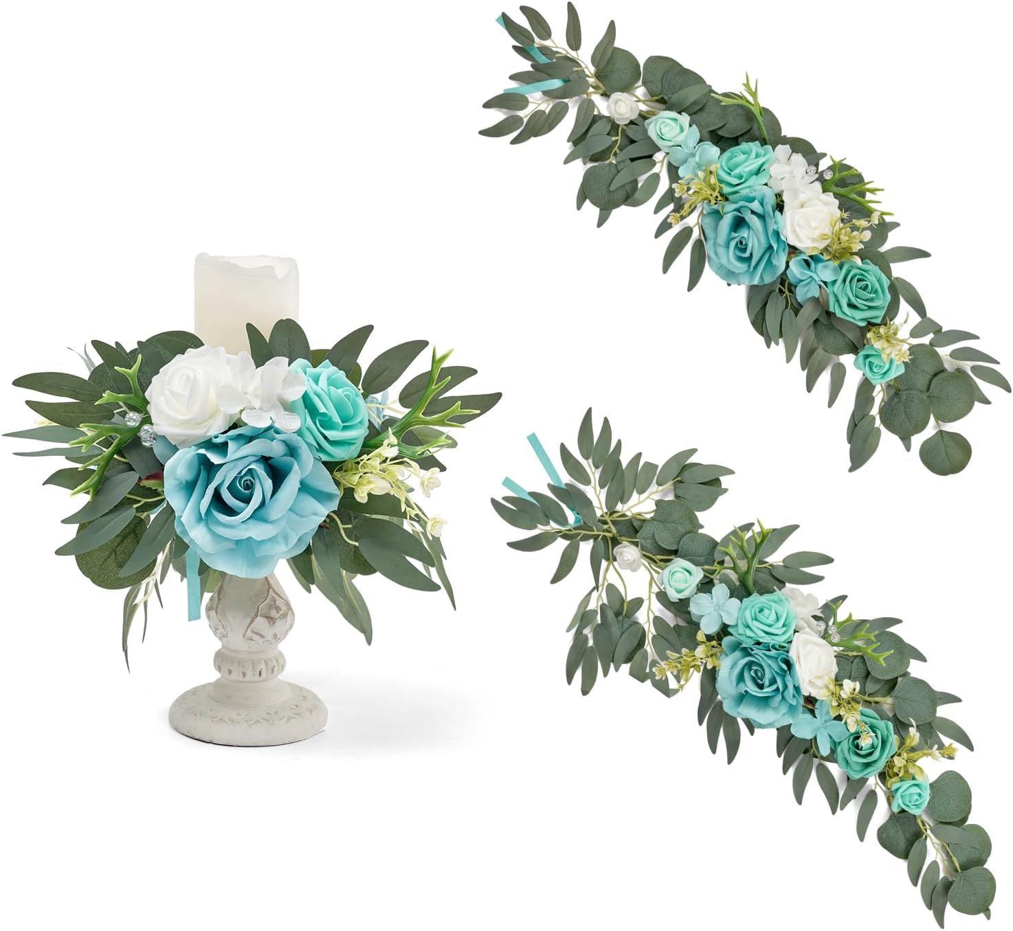 TINGE TIME 2pcs Artificial Flowers Candelabras Decoration, Teal Blue Floral Swag Greenery Garland for Rose Candle Rings for Wedding Ceremony Lantern Chair Decor Signs Decoration