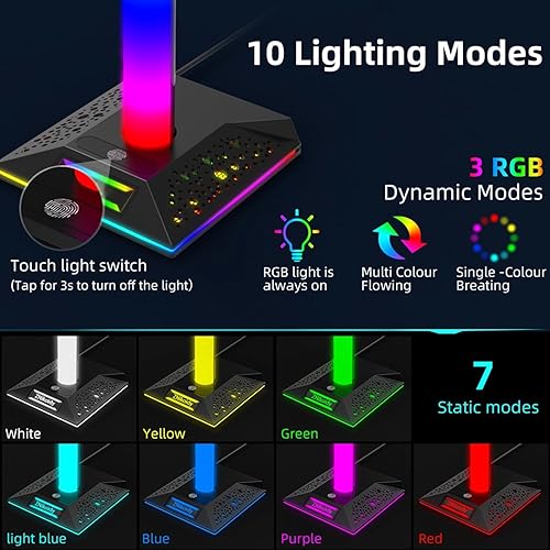 Miniatura 2 de Soporte de auriculares para videojuegos, accesorios de PC - Soporte de auriculares RGB con 2 puertos USB, 10 modos de luz, soporte para auriculares
