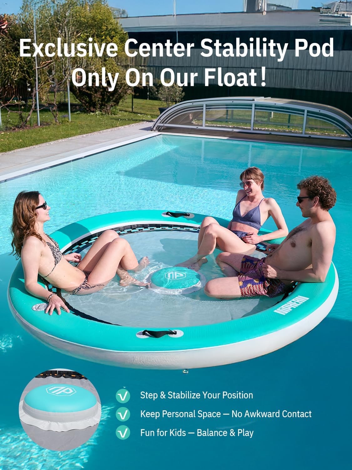 Niphean Inflatable Water Hammock for Adults, 8FT with Center Stability Pad | Round Floating Ring with 2 Cup Holders, Pool Floats Adult, Heavy Duty Float Ring for for Lake, River & Pool