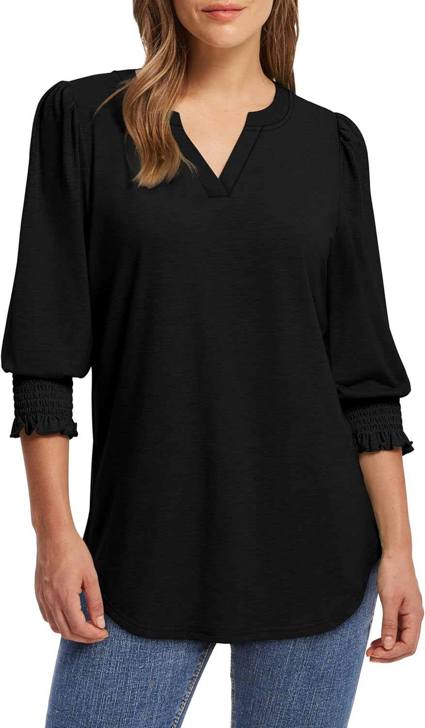 XIEERDUO Blouses for Women Dressy Casual 3/4 Length Sleeve Womens Tops V Neck T Shirts with Smocked Cuffs - Image 3
