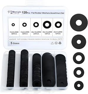 Monigte 120Pcs Rubber Washers Assortment Kit - 16/18/20/25/30mm Black Flat Washers for Faucets, Hoses, Plumbing, Bolts & Vibration Absorption