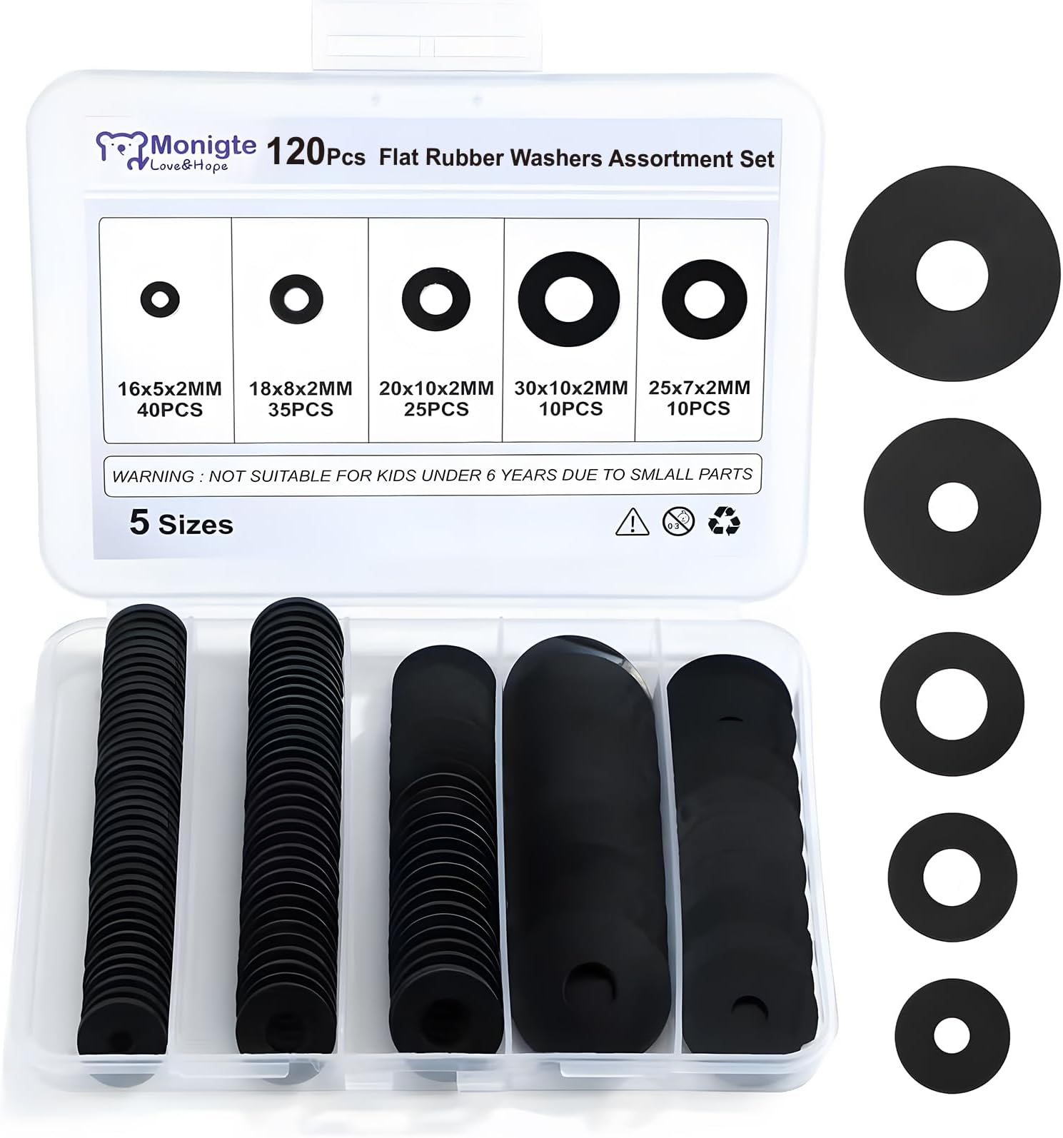 120Pcs Flat Rubber Washers Assortment Kit,16/18/20/25/30mm Black Washer,Vibration Absorbing Pads Sealing Rubber Washers for Faucets Garden Bolts Screws Hose Plumbing Shower Head- 5 Sizes