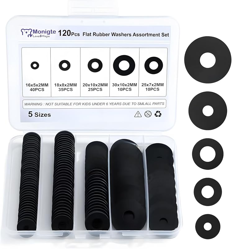 120Pcs Flat Rubber Washers Assortment Kit,16/18/20/25/30mm Black Washer,Vibration Absorbing Pads Sealing Rubber Washers for Faucets Garden Bolts Screws Hose Plumbing Shower Head- 5 Sizes