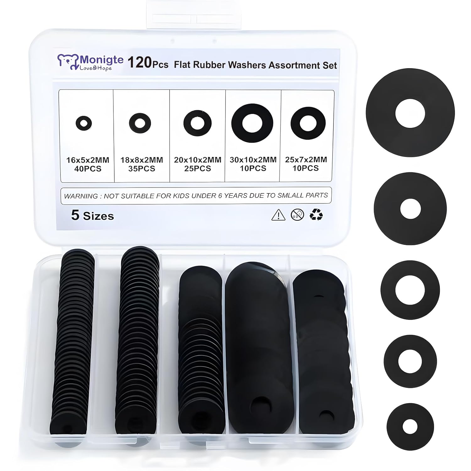 Monigte 120Pcs Rubber Washers Assortment Kit - 16/18/20/25/30mm Black Flat Washers for Faucets, Hoses, Plumbing, Bolts & Vibration Absorption