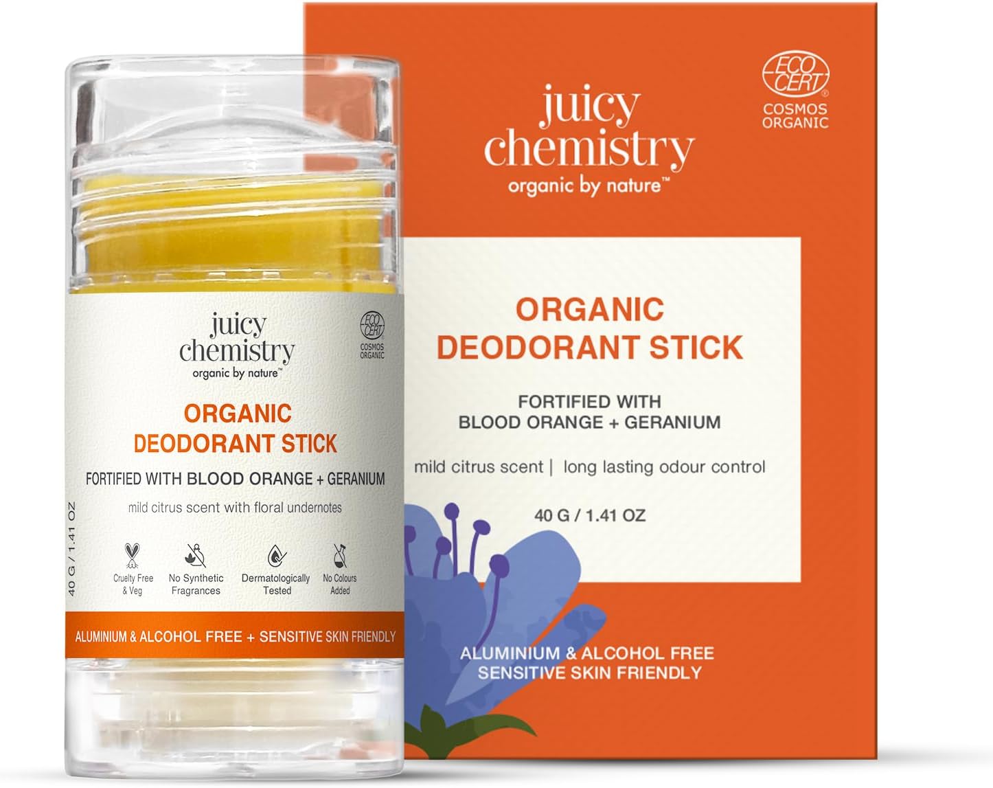 Organic Deodorant Stick with Blood Orange & Geranium, 40g | Long-Lasting Odour Protection | Underarm Brightening | Neutralises Body Odour | Cruelty Free & Vegan | Dermatologically Tested
