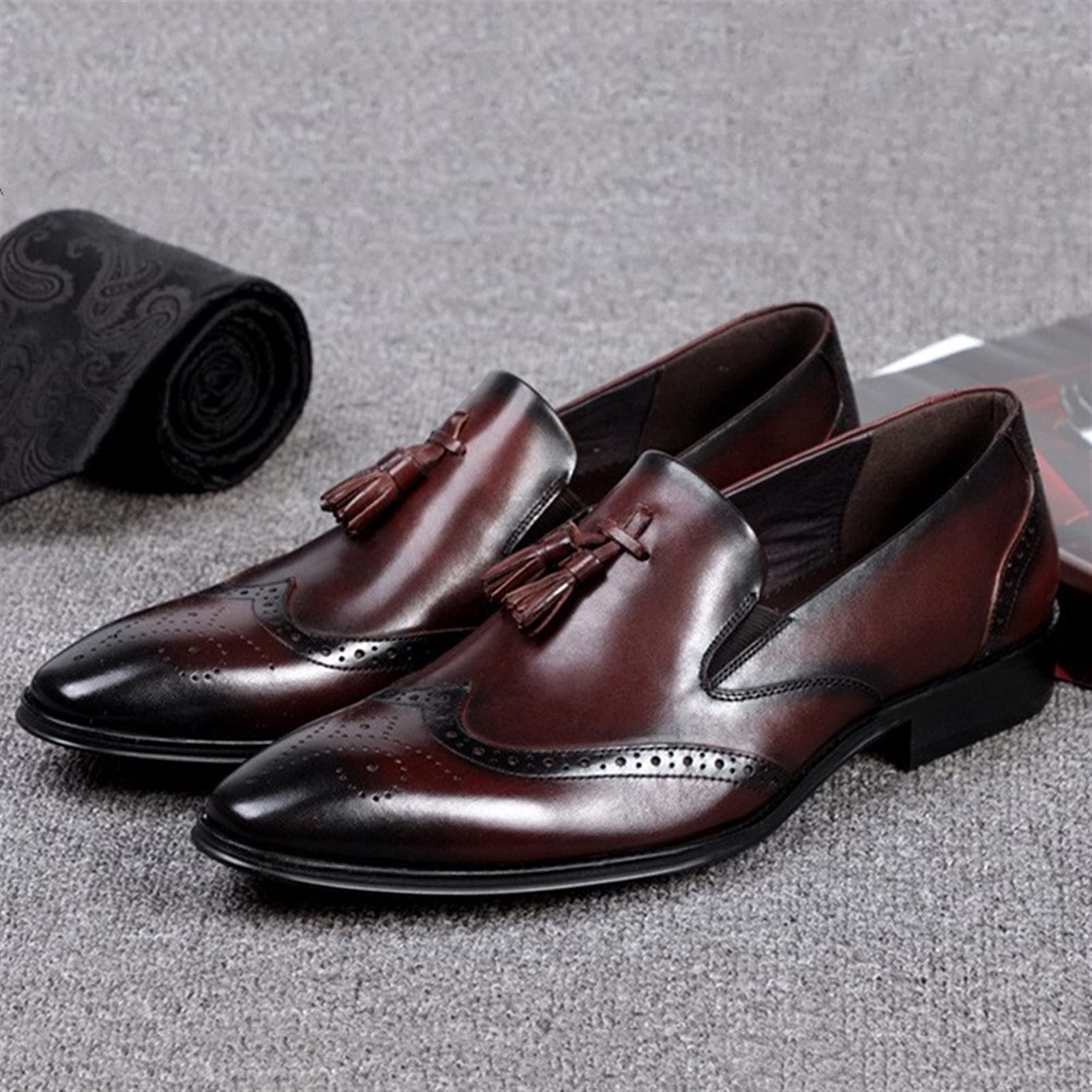 Rui Landed Oxford dla mężczyzn półbuty wsuwane styl premium skóra naturalna mokasyny na co dzień niski obcas blokowy frędzle rzeźba końcówka skrzydła szpiczasty nosek