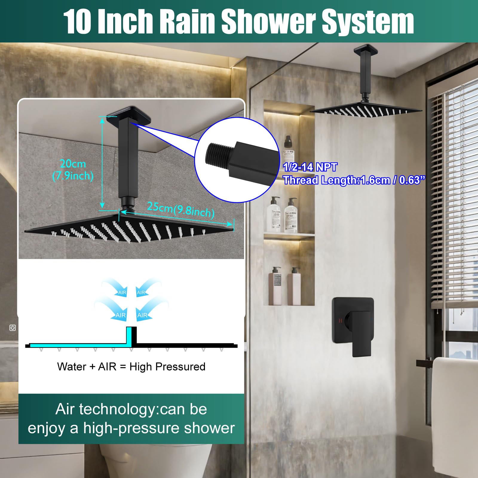 Juego de grifo de ducha cuadrado de acero inoxidable para baño, sistema de ducha de lluvia con una manija, kit de molduras de ducha de una sola función con válvula áspera, rosca macho, montaje 5