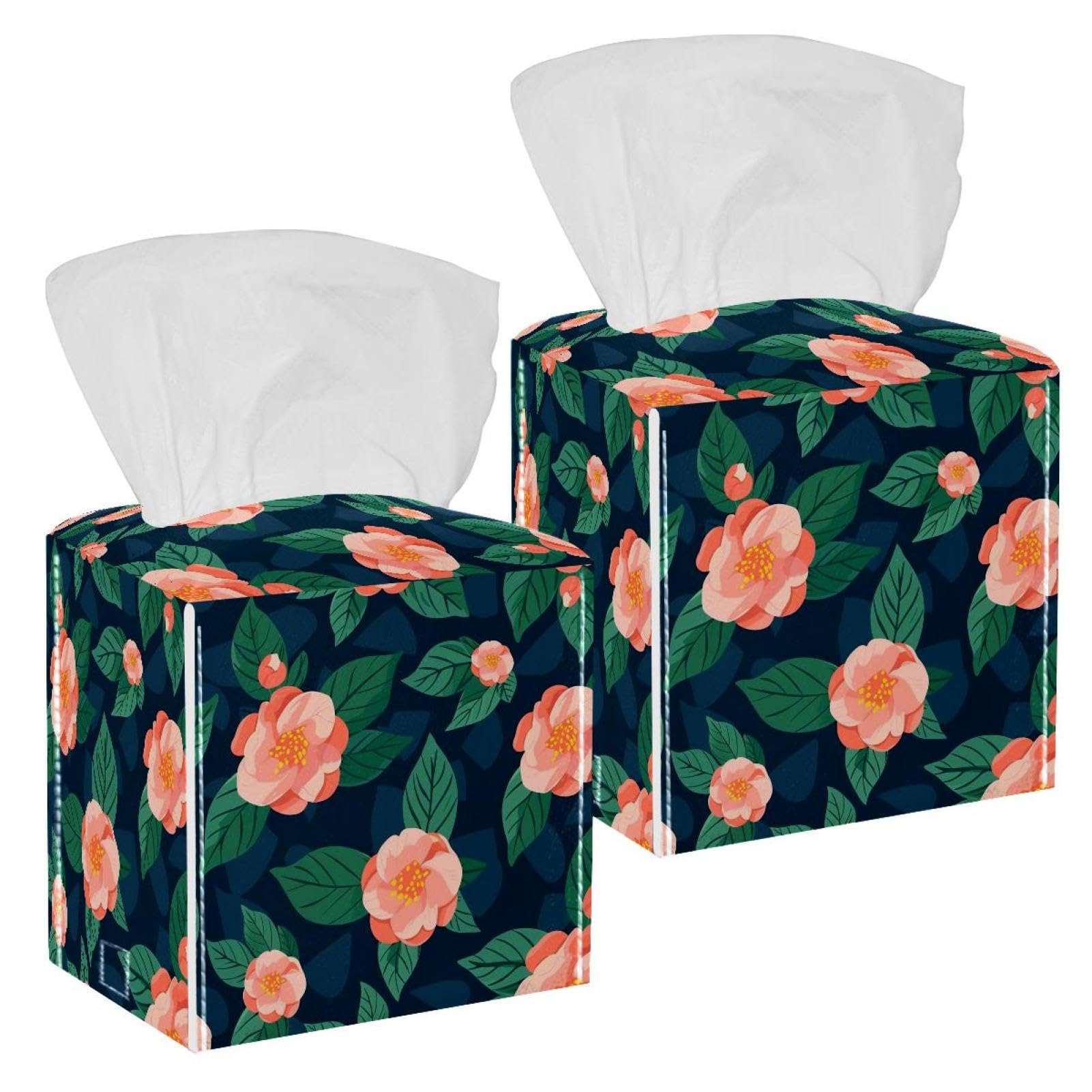 Camellia Leaf Green Tissue Box Cover, 2 Pack PU Leather Square Facial Tissue Dispenser Box holder for Home Office Car