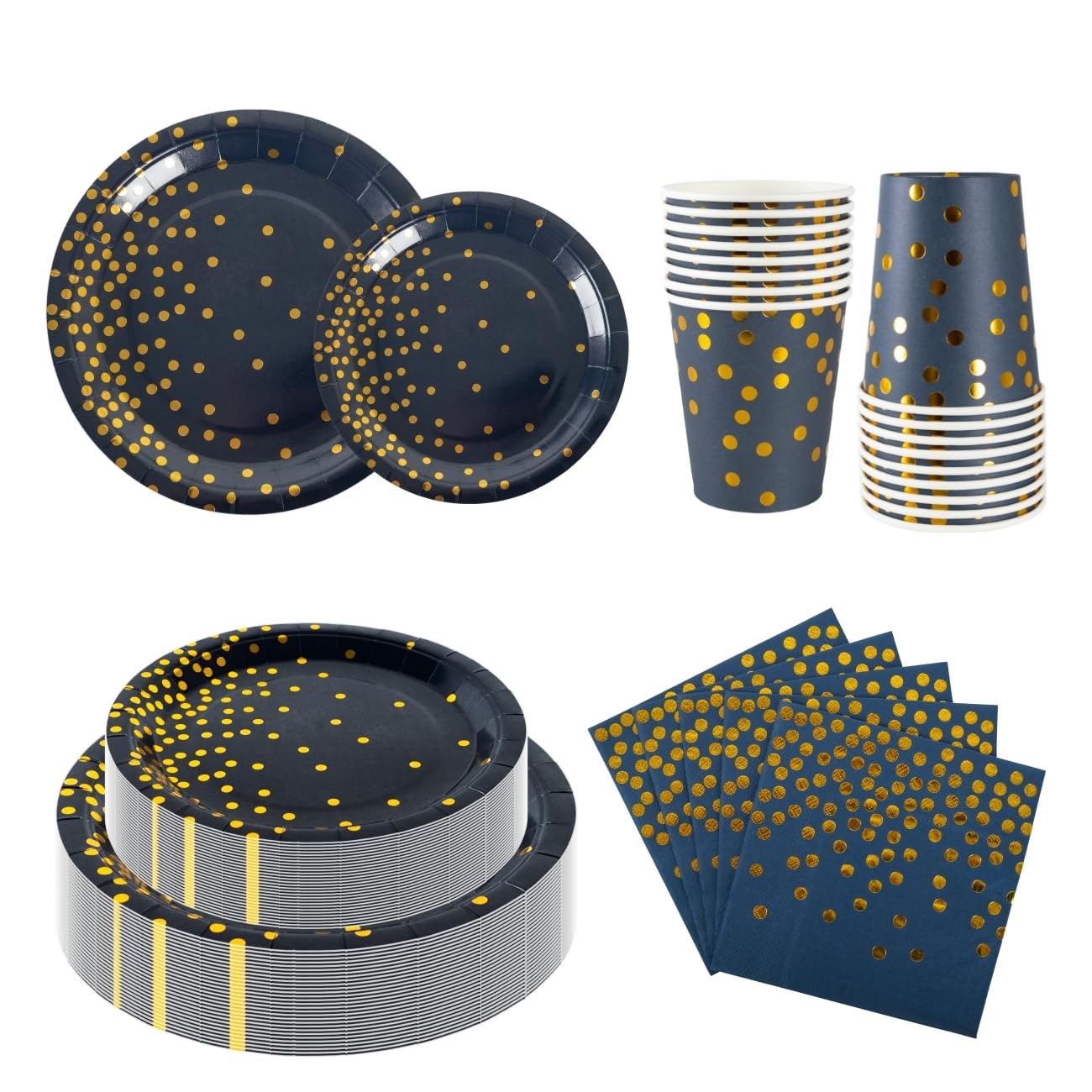 100PCS Navy Blue Party Tableware Set, CEILIWEN Royal Blue and Gold Polka Dot Party Tableware Includes Plates, Napkins, Cups - Image 3
