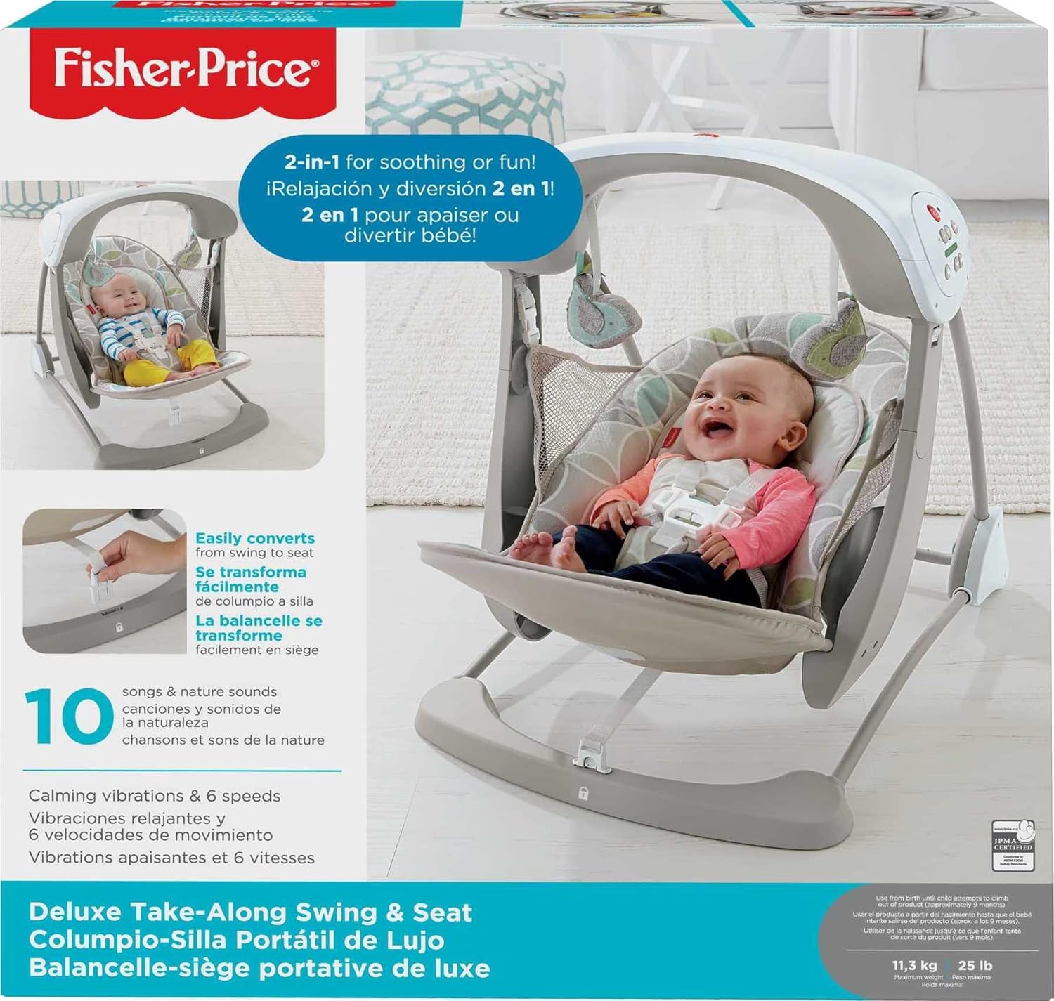 Person carrying the folded Fisher-Price Take-Along Swing & Seat by its handle.