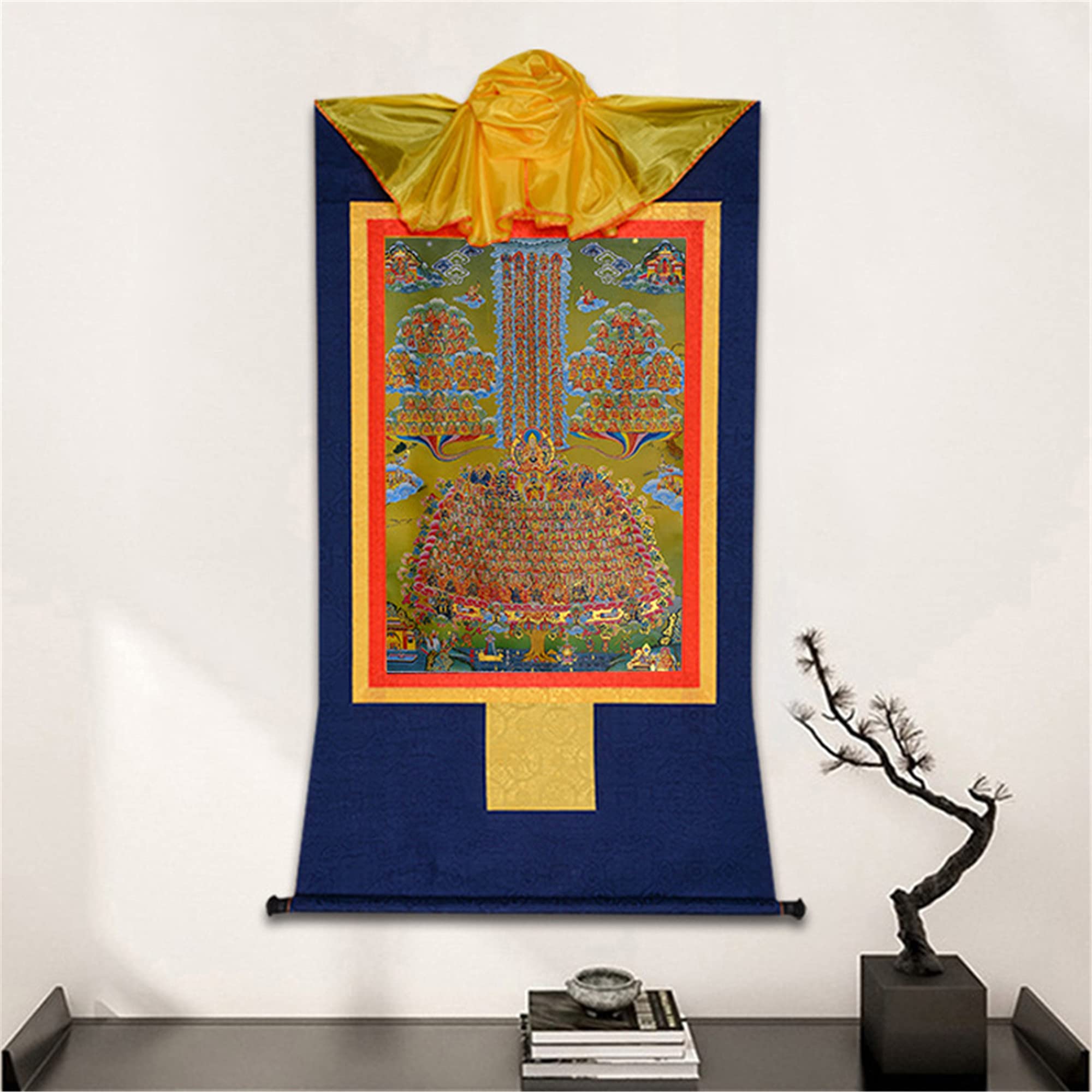 Gandhanra Thangka Tibetische Wandbehang,Je Tsongkhapas Zufluchtsbaum Thangka,Heißgeprägter Buddha Wandteppich für Zen Wohnkultur, Meditation, Spirituelle Entspannung und Ruhe