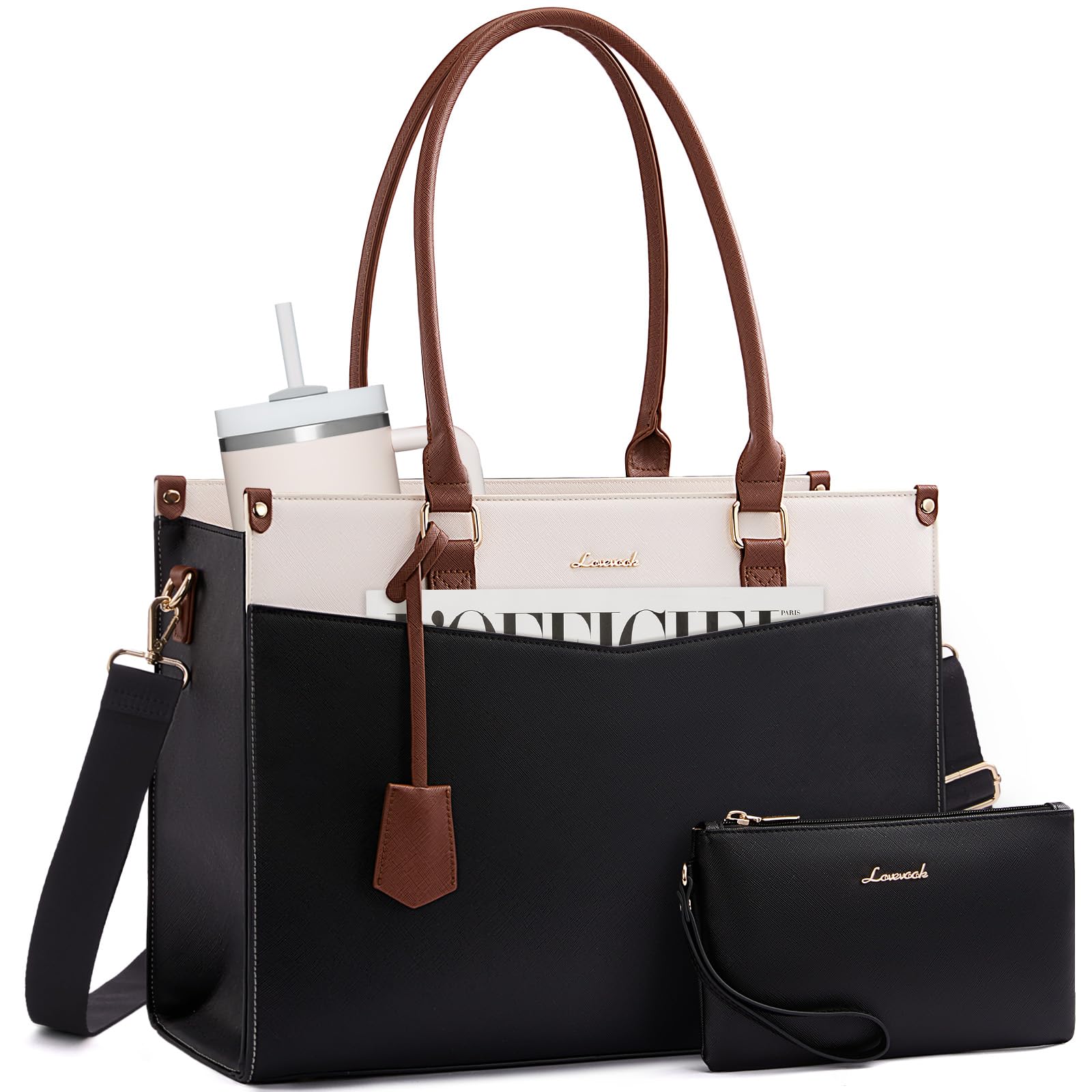 LOVEVOOK Torba na laptopa o przekątnej ekranu 15,6", elegancka damska torba na ramię i torba na ramię, duża torba do pracy, torba nauczycielska i aktówka do biura