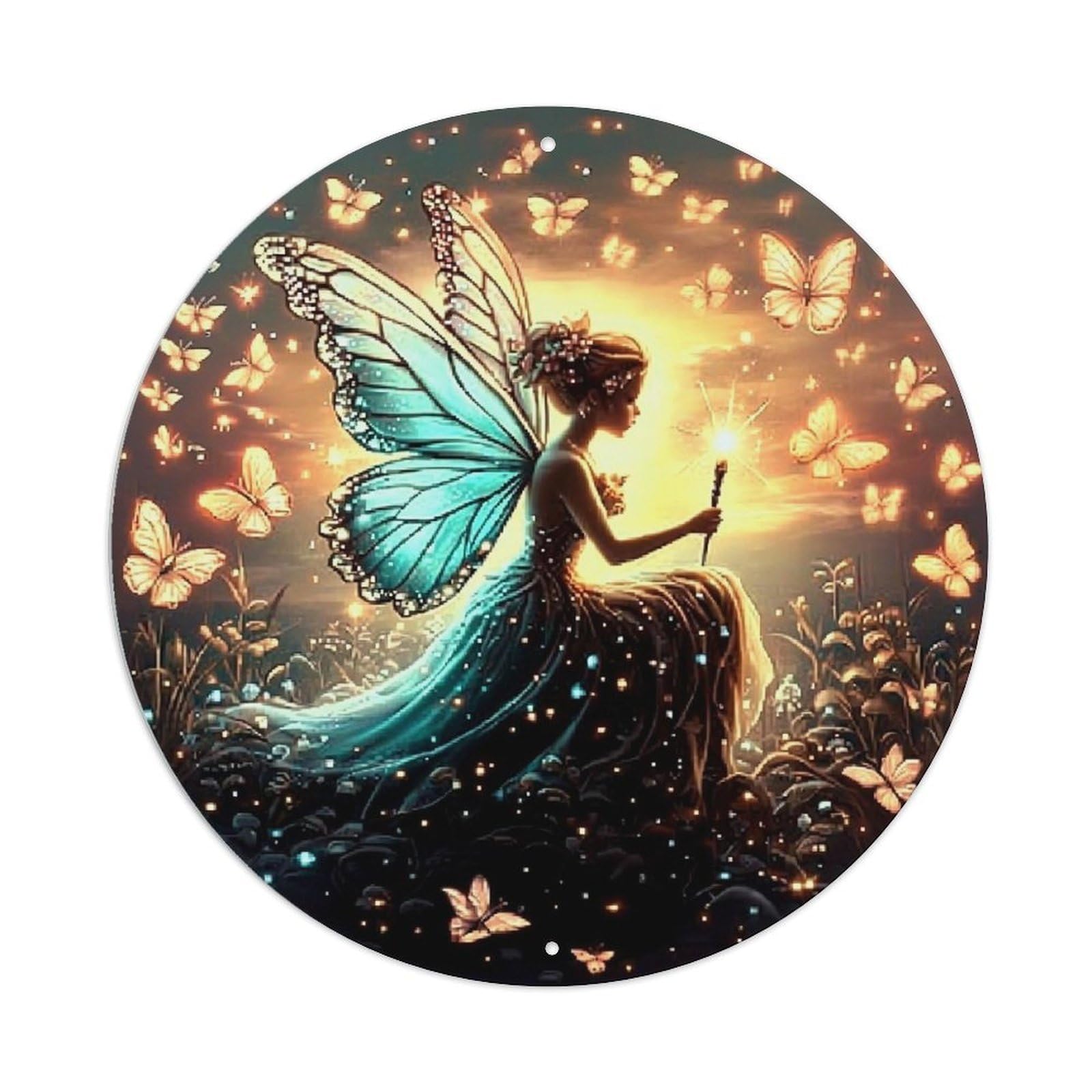 Fairy With Blue Wings And Butterflies Retro Metal Sign Round Tin Sign, Vintage Decor Art Poster for Bar, Home, Man Cave, Kitchen, Laundry Room Gift 8x8Inch