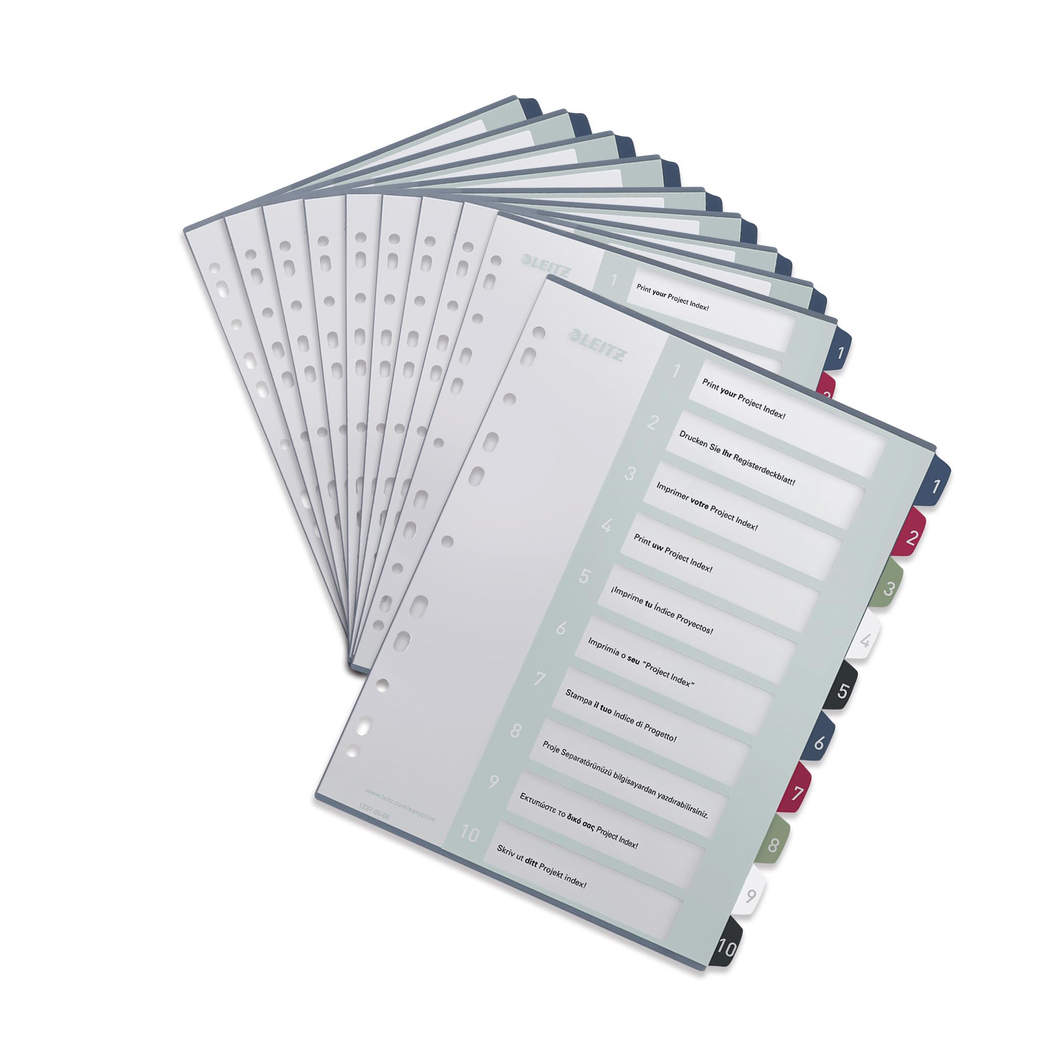 Leitz 12370000 - Separadores para A4, 10 unidades, portada para escribir en PC y 10 separadores, con números del 1 al 10, ancho grande, blanco/multicolor, polipropileno, estilo, 12370000