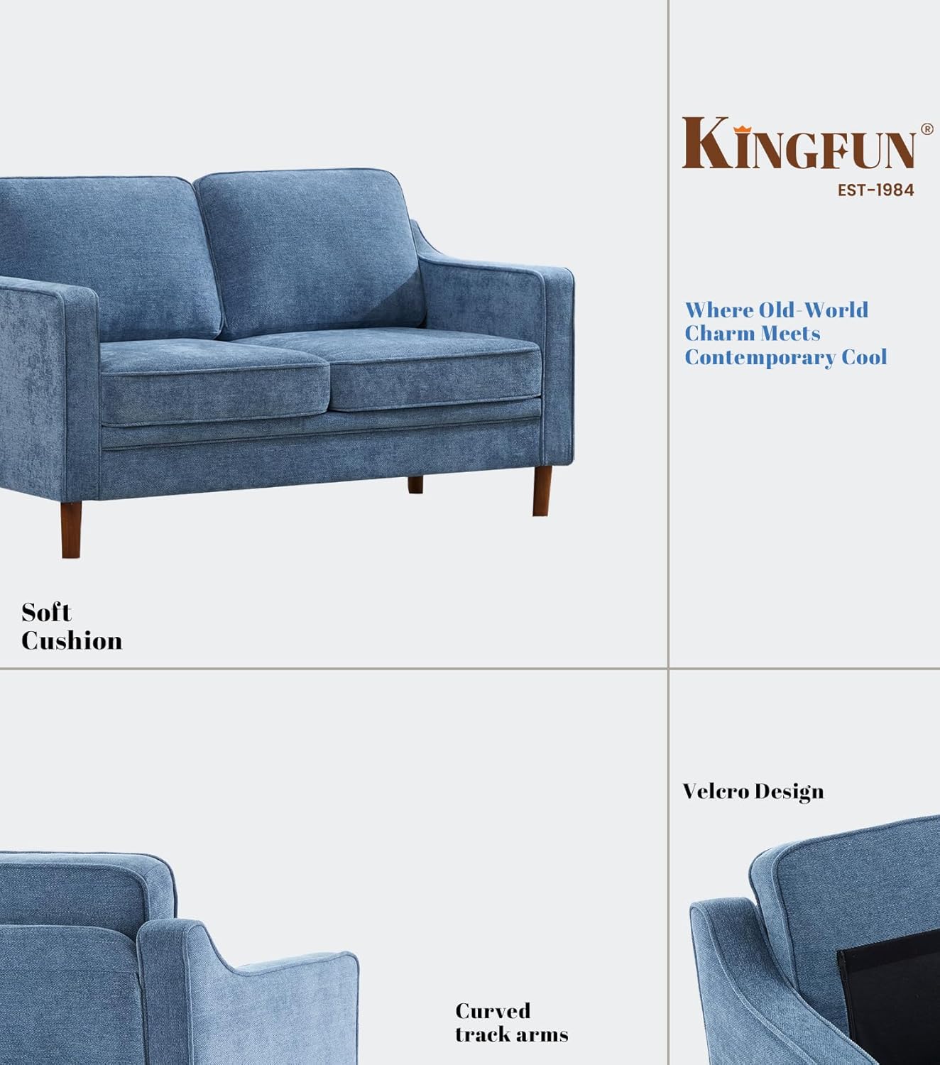 Kingfun 56" Chenille Sofa, Loveseat Couch, Mid Century Modern Love Seat Couches with Solid Wood Frame for Living Room & Bedroom, Light Blue