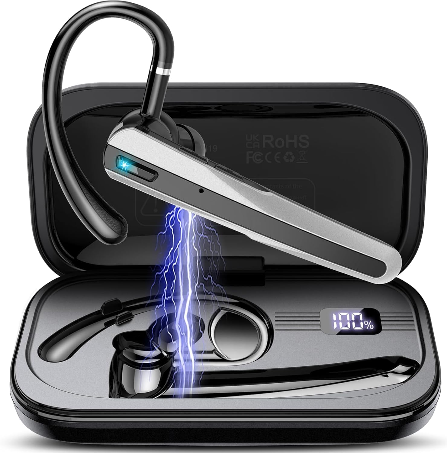 Bluetooth Headset V5.3, Handsfree Bluetooth Earpiece with Dual ENC Mic,Single wireless Headset 20Hrs Talk 120Hrs Standby Time, In-Ear Headphones for Driving/Business/Office with Android iOS Laptop-image-37
