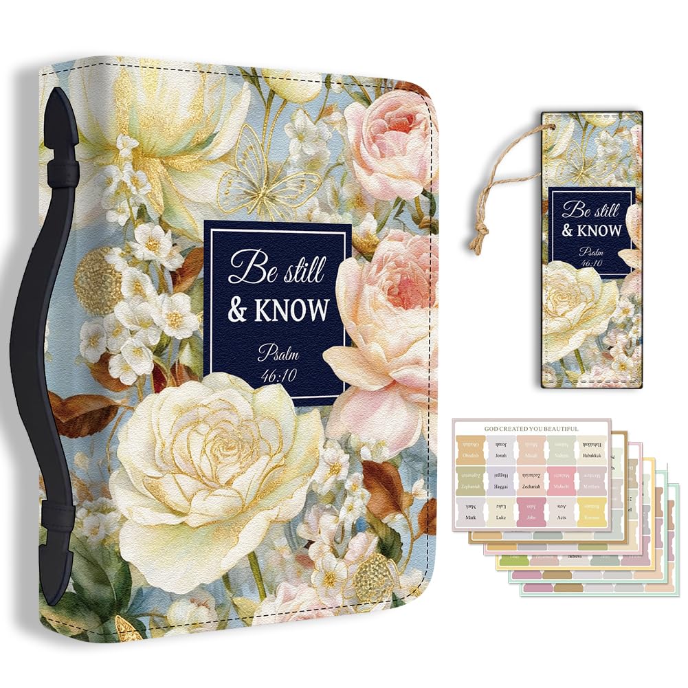 TNKBREEZE Women's Bible Cover Floral Be Still and Know PU Leather Book Carrying Bag Inspirational Bible Verse Book Case with Bookmark Handle Zipper Christian Gifts Church Study Supply 11.2x8x2.3inch