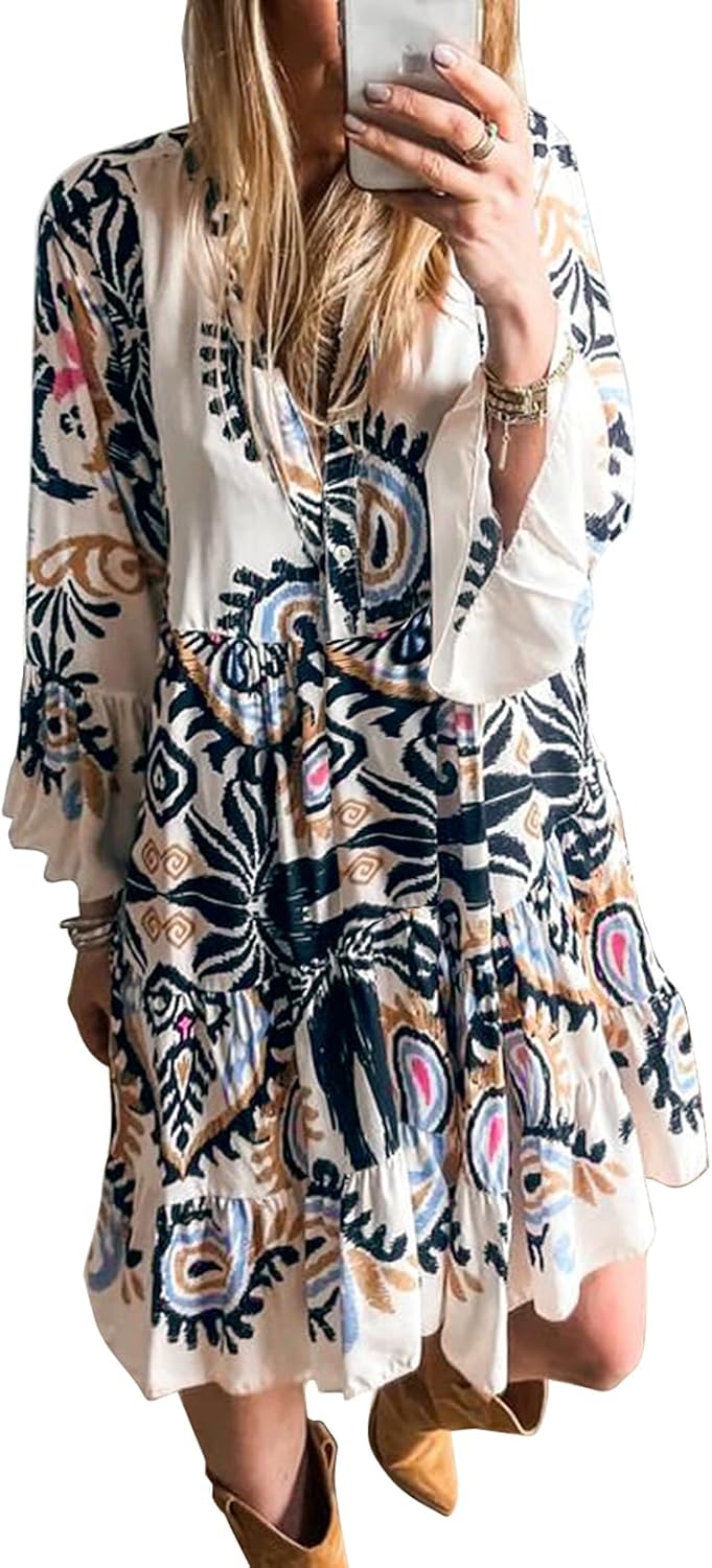 miduo Womens Summer Dress Casual V Neck Buttoned 3/4 Sleeve Bohemian Tribal Print Flowy Mini Dresses