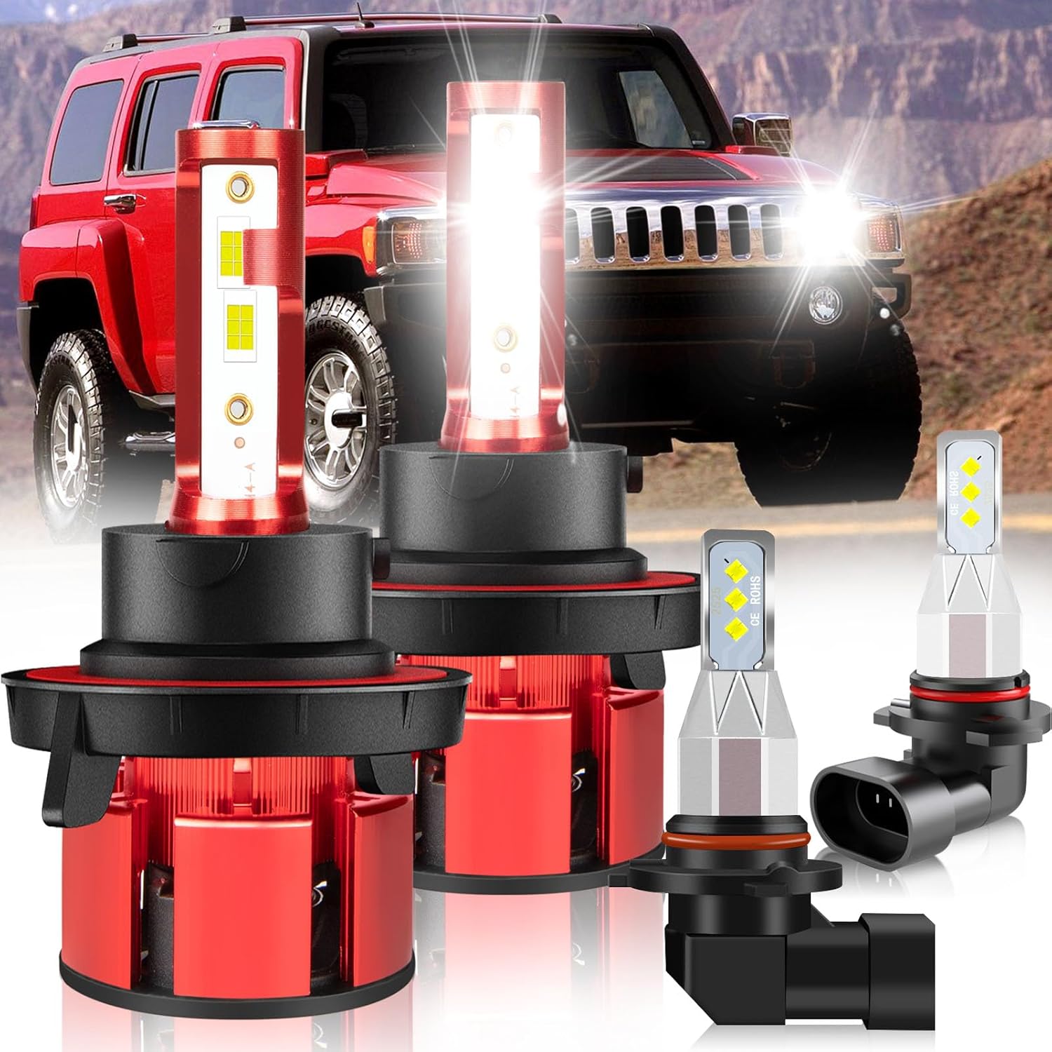 For Hummer H3 2006 2007 2008 2009 2010 Light Bulbs, 600% Brightness Hi and Lo Beam+Fog Light Bulbs, 6500K Cool White, 36000LM Super Bright, 1:1 Size, Plug-and-Play, 4PCS