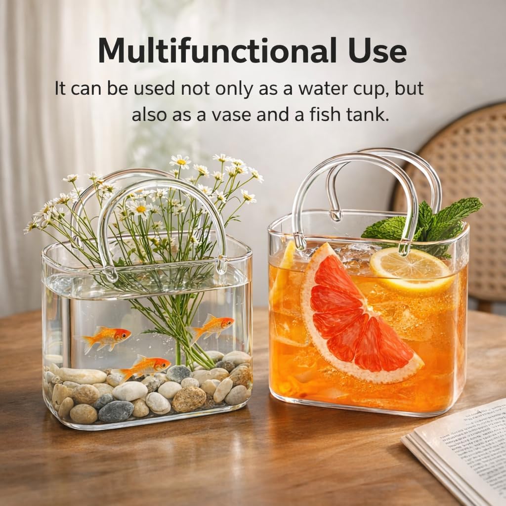 Glass Purse for Drinks, Set of 4 26 oz Handbag-Shaped Drinking Glasses, Purse Cocktail Glass Cups for Juice, Tea & Flowers, Decorative Glass Purse Vase for Parties, Brunch & Gifts (4pc)