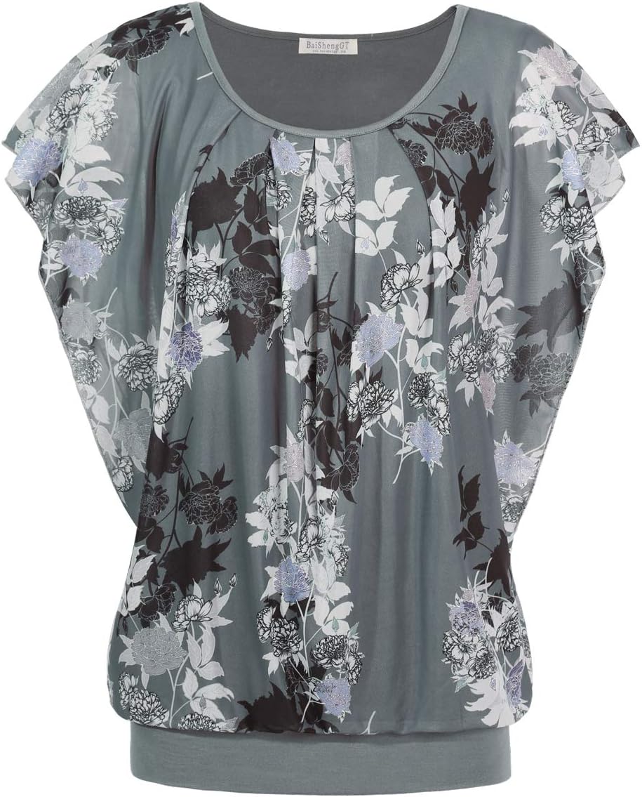 Women's Printed Flouncing Flared Short Sleeve Mesh Blouse Top