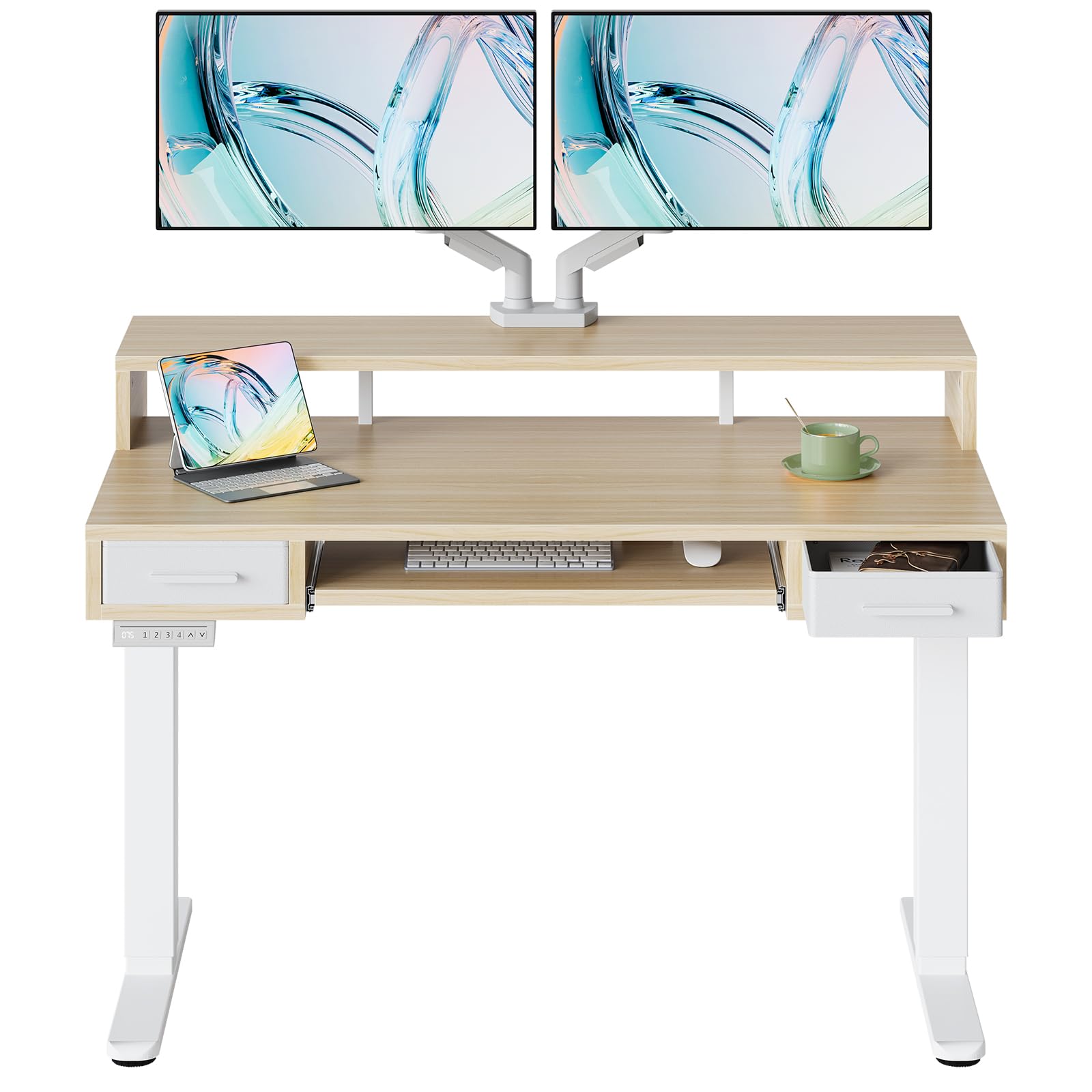 HUANUO 48″ x 26″ Electric Standing Desk with 2 Drawers &24.4″ Large Keyboard Tray, C-Clamp Mount Compatible, Adjustable Computer Desk for Office, Sit