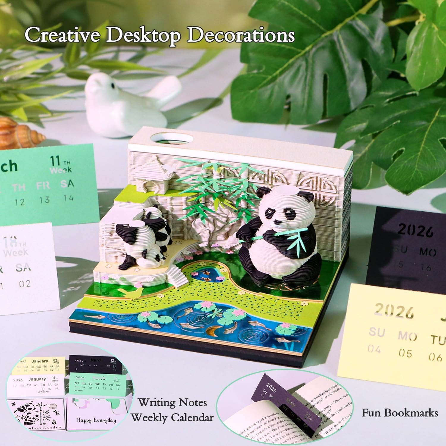 SIWEME 3D Calendar 2026 Paper Art Memo Pad,Tear-Away 3D Desk Time Piece Calendar DIY Note for Record, Bookmark, Gift & Office Decor (Panda Bamboo Garden)