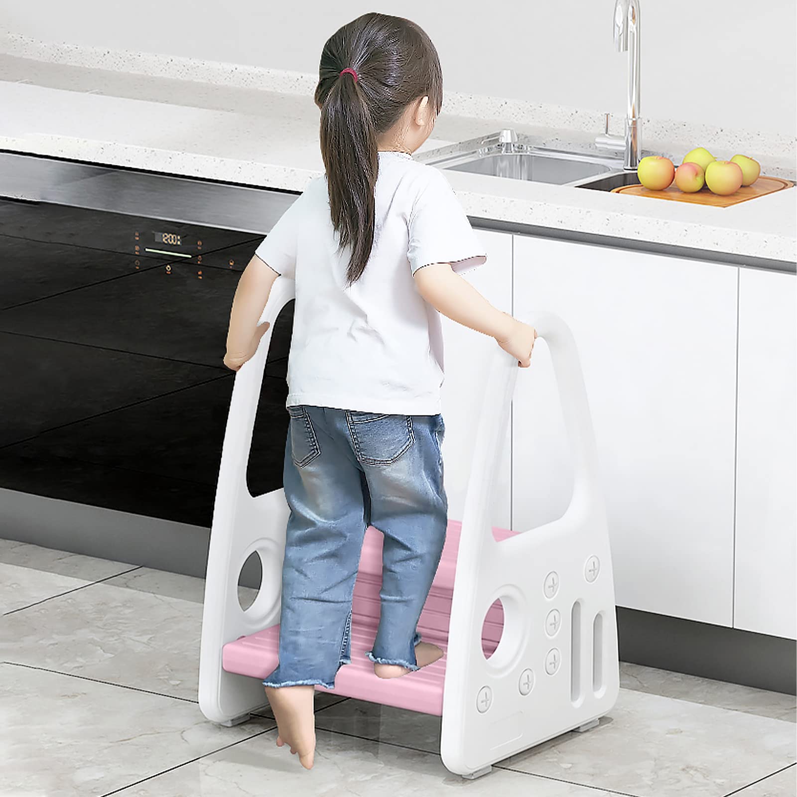 YRHome Kinder Tritthocker Trittschemel 2 stufiger Lernturm Kinderschemel Kleinkind Trittstufe Tritthocker Schemel Stehender aus Kunststoff Sicherheit Pyramiden-Struktur Küche Kinderzimmer Bad, Rosa