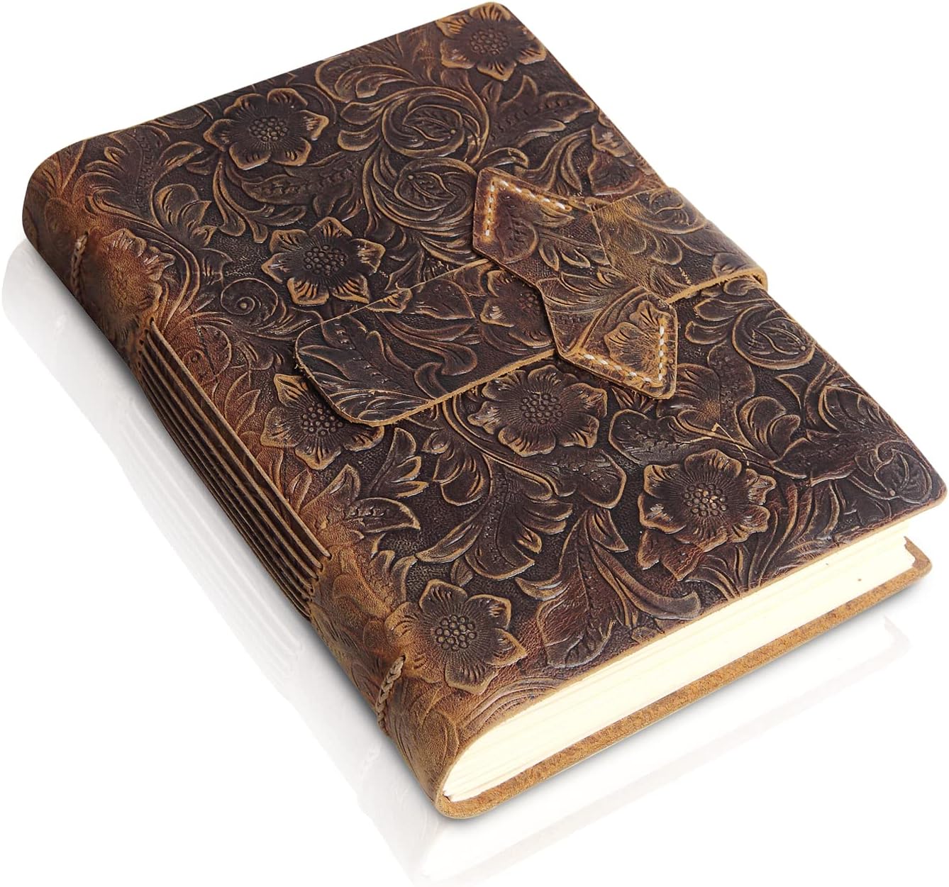 ScrodCat Leather Journal A5 Writing Notebook - Antique Handmade Leather Bound Daily Notepad - Blank Paper Medium 20x15cm, Travel Men/Women/Travelers/Students A5 (Brown, Flower) …