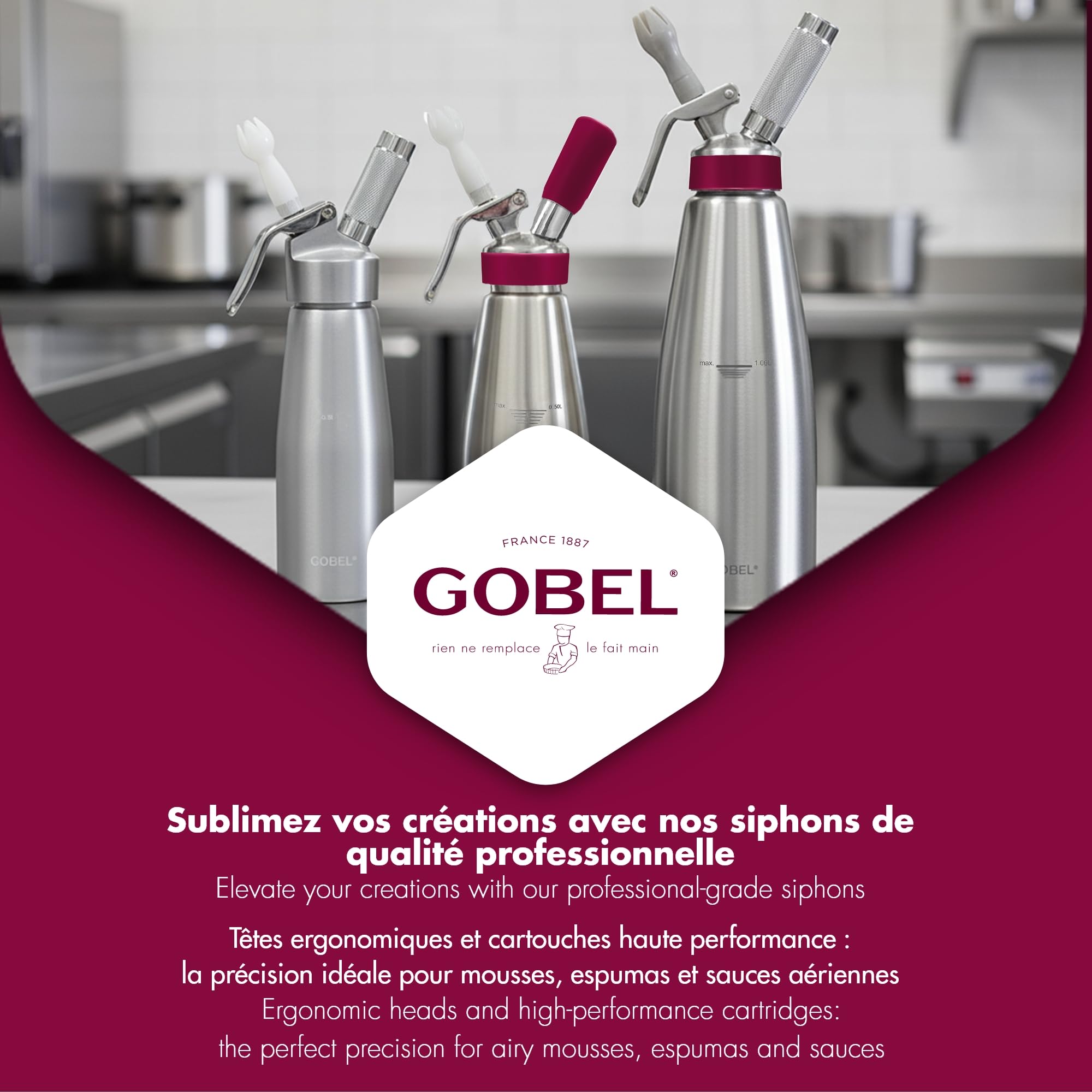 Gobel Siphon Chantilly 500 ml Aluminium – Crème Chantilly, Espumas & Mousses – 3 Douilles + Brosse – Siphon Cuisine Professionnel Chaud/Froid – Revêtement Antiadhérent