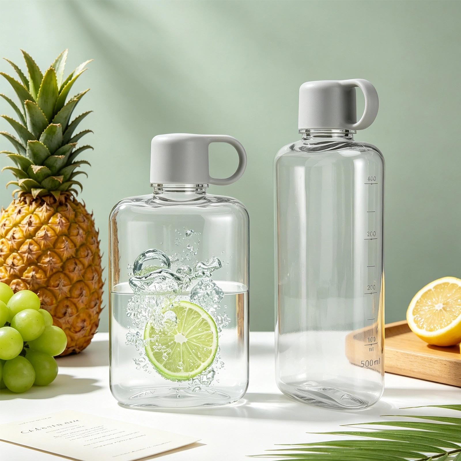 APOMOONS Płaska butelka na napoje do torby i plecaka, 360 ml + 500 ml, płaska butelka na wodę z tritanu, zabezpieczona przed wyciekiem, mała, ze skalą i uchwytem, szara