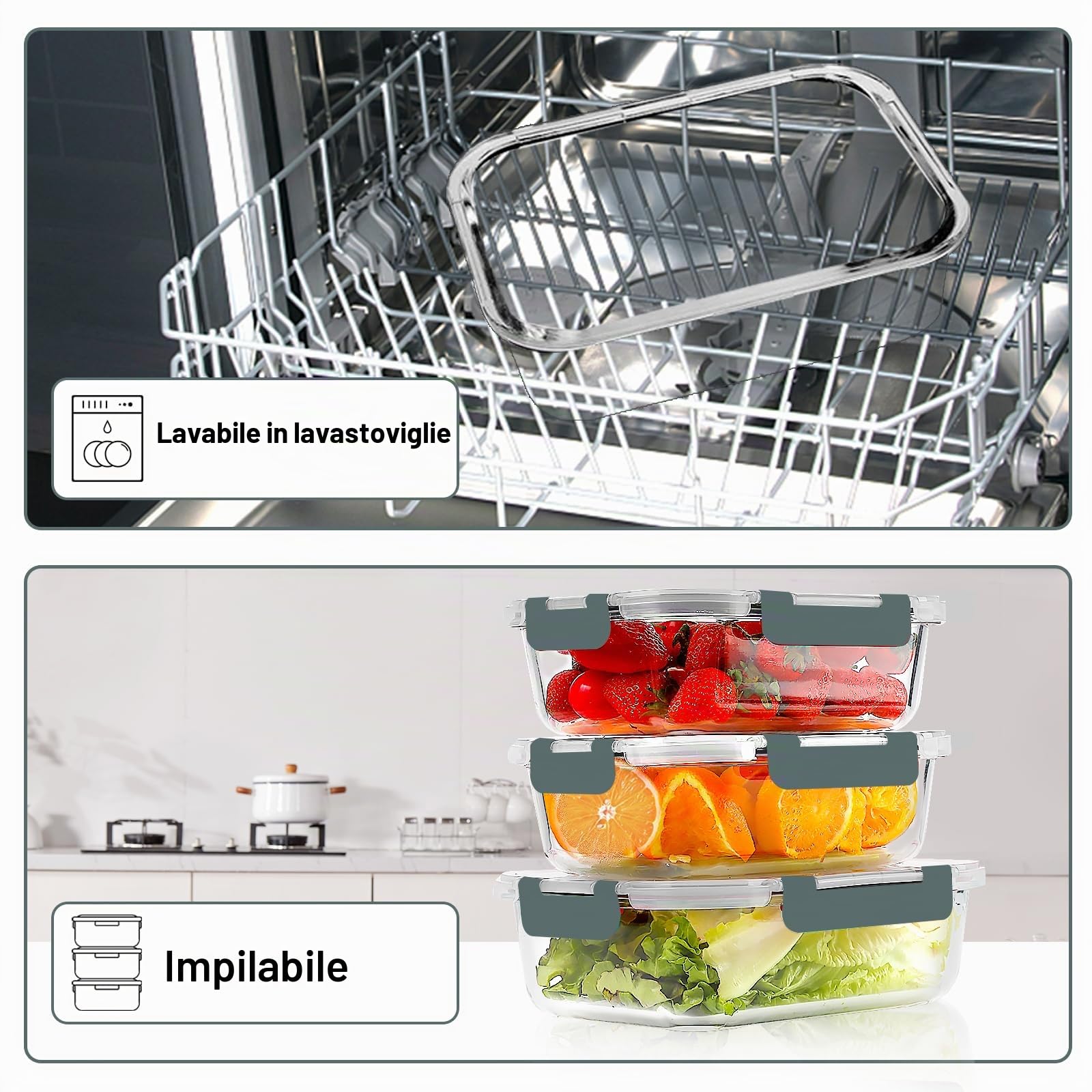 VERONES 10 scatole di vetro per il pranzo, contenitore impilabile in vetro per alimenti con coperchio, senza BPA, adatto a microonde, forno, frigorifero e lavastoviglie, grigio