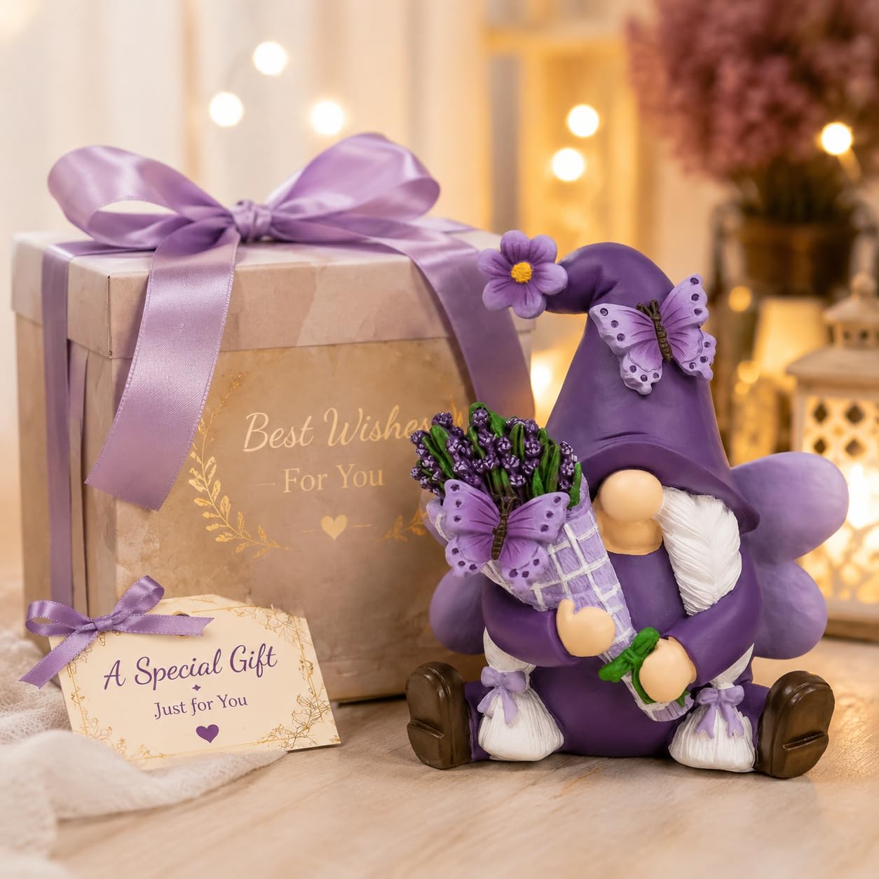 Decoración de gnomos de Lavanda, decoración de gnomos de jardín de Resina de Primavera para el hogar Interior/Exterior y Morado Pastel, Decoraciones de Lavanda de Primavera, gnomo de Mariposa