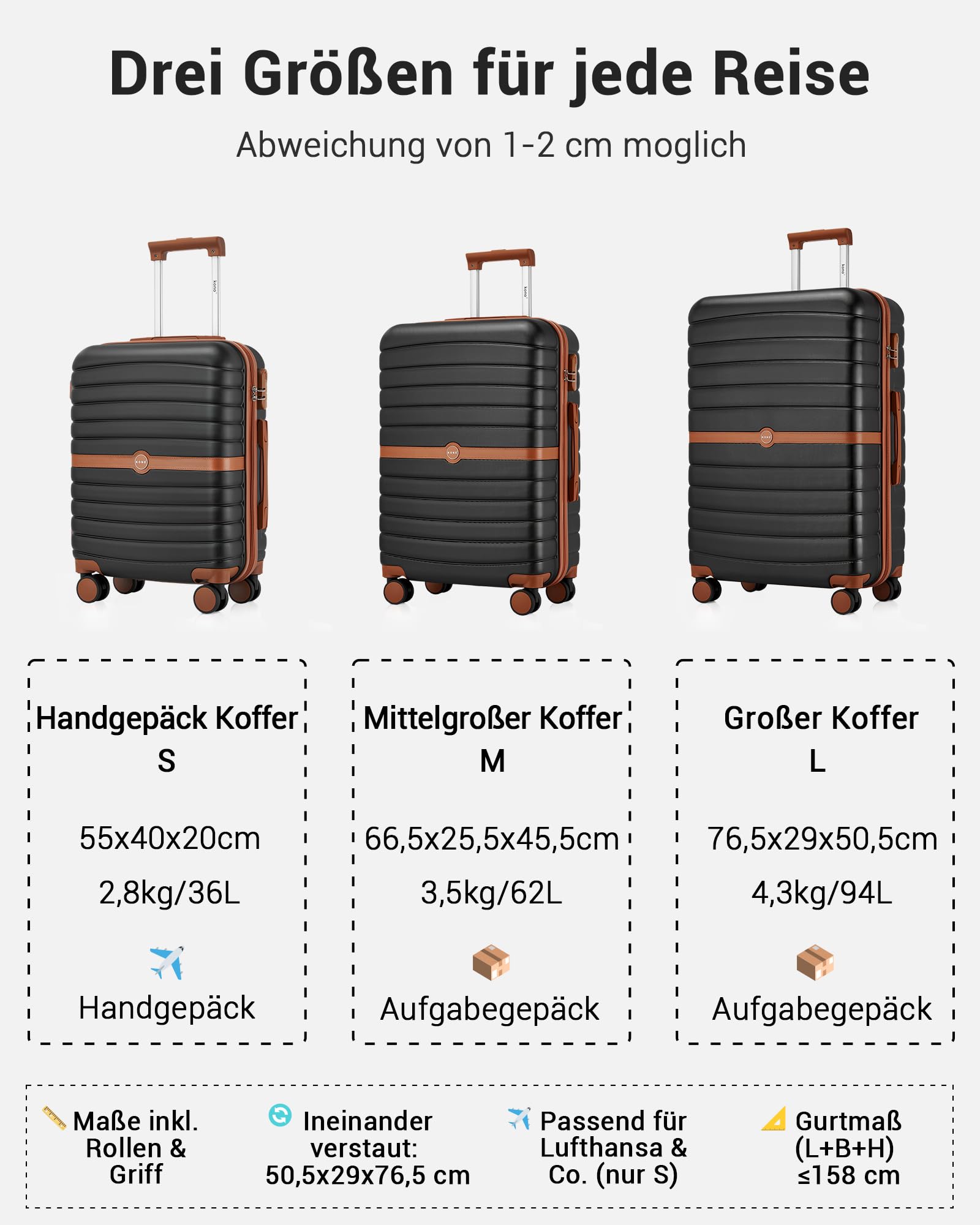 KONO Koffer Reisekoffer Trolley Handgepäck Koffer 55x40x20cm von ABS+PC Hartschalenkoffer mit Zwillingsrollen und Zahlenschloss(Schwarz/Braun, 55cm)