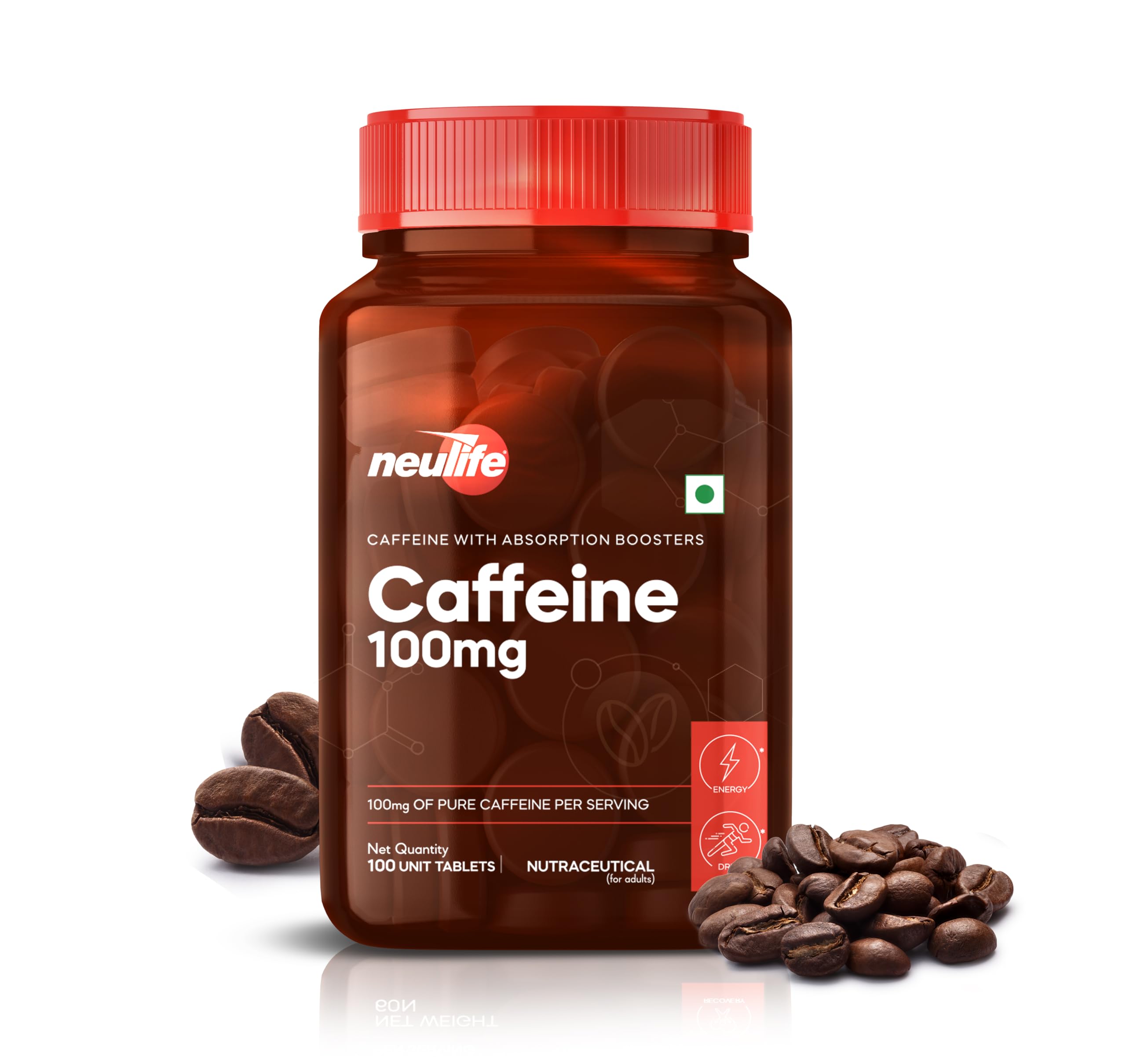 Neulife Caffeine 100mg Tablets | Pure Caffeine with Absorption Boosters | Pre workout supplements | Supports Weight Management ( 100 capsules), 1 count