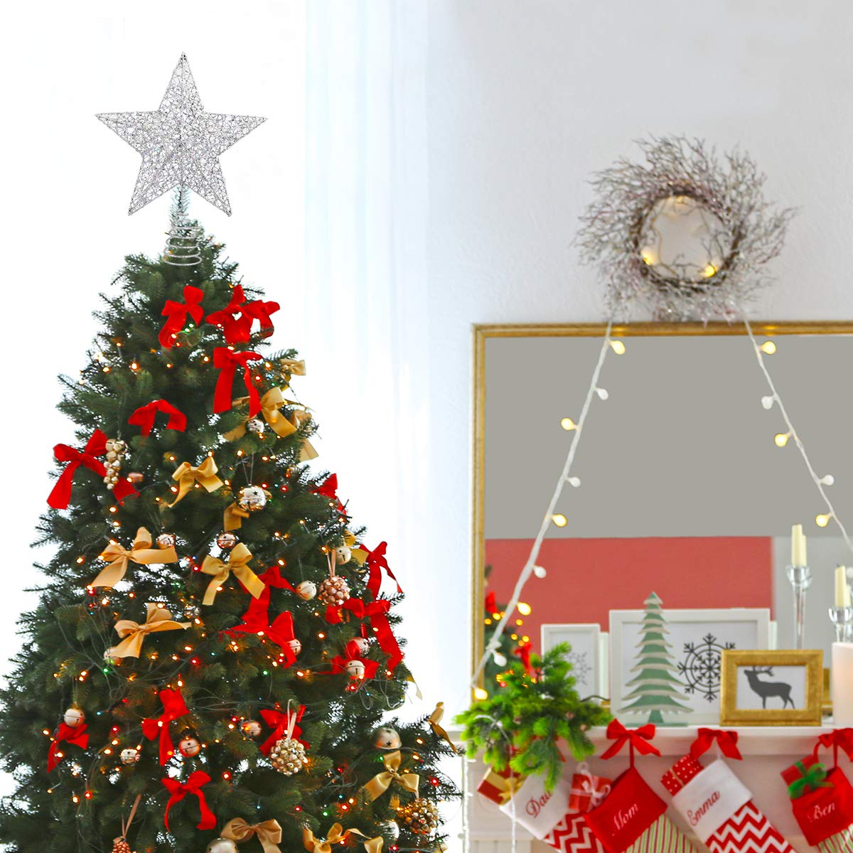 Étoile de sapin de Noël classique pailletée 3D avec 15 LED, Décoration pour intérieur et bureau, Noël, Nouvel An, vacances, fête, lumière argentée