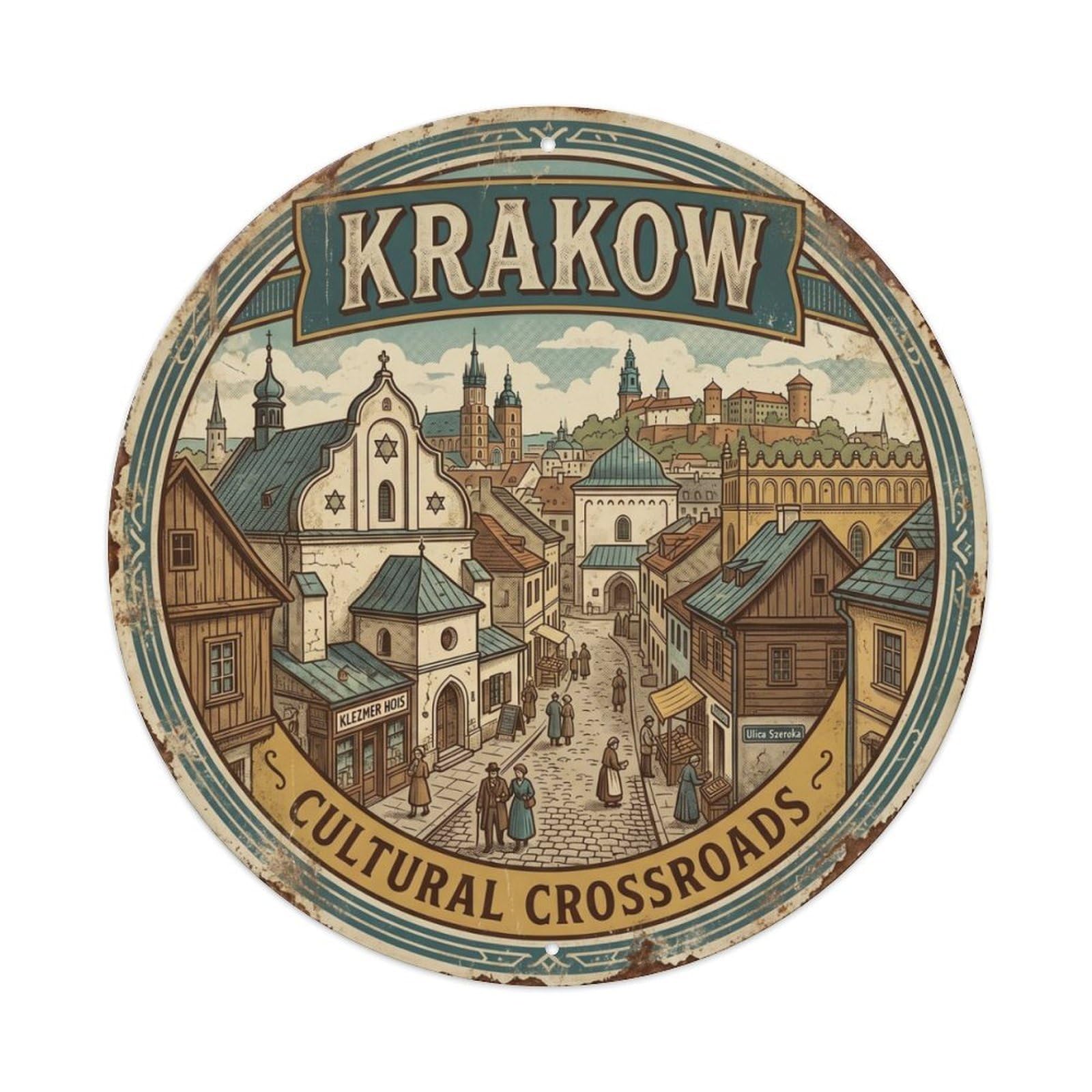 Vintage Travel Krakow Kazimierz Poland Metal Tin Sign Plaque Wall Decor for Cafe, Club Bar, Office, Home Garden Round Metal Poster 8x8Inch