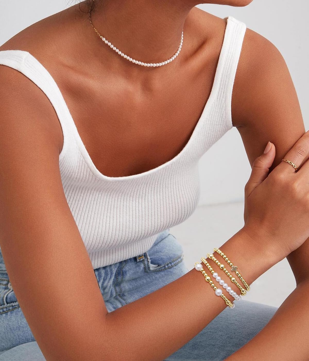 BOMAIL Gold Beaded Bracelets for Women Trendy Non Tarnish Gold Bracelet Stack 14K Gold Plated Pearl Bead Bracelets Cross Bracelets Set Stackable Stretch Beads Bracelet - Image 5