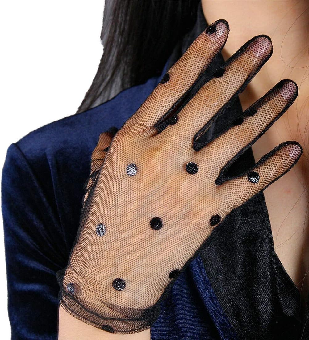 Polka Dot Lace Gloves Tulle Nylon White Black Semi Sheer Short Touchscreen TECH