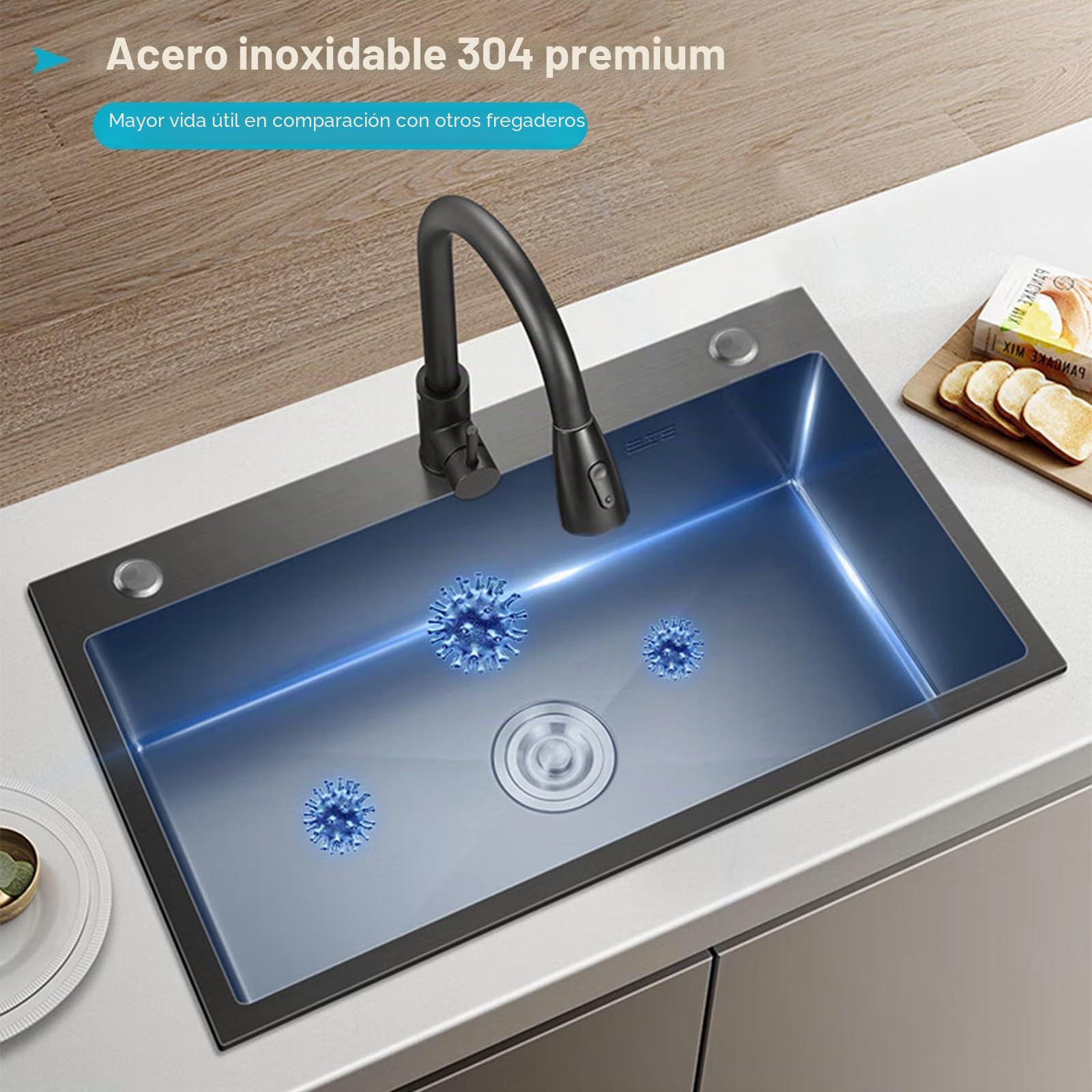 Fregadero de Cocina de Acero Inoxidable 60 cm, Fregadero Empotrado de 3 Agujeros con 1 Cubeta, Set Completo con Grifo Extraíble, Lavavasos y Kit de Desagüe (Gris Oscuro, 60 x 45 cm)