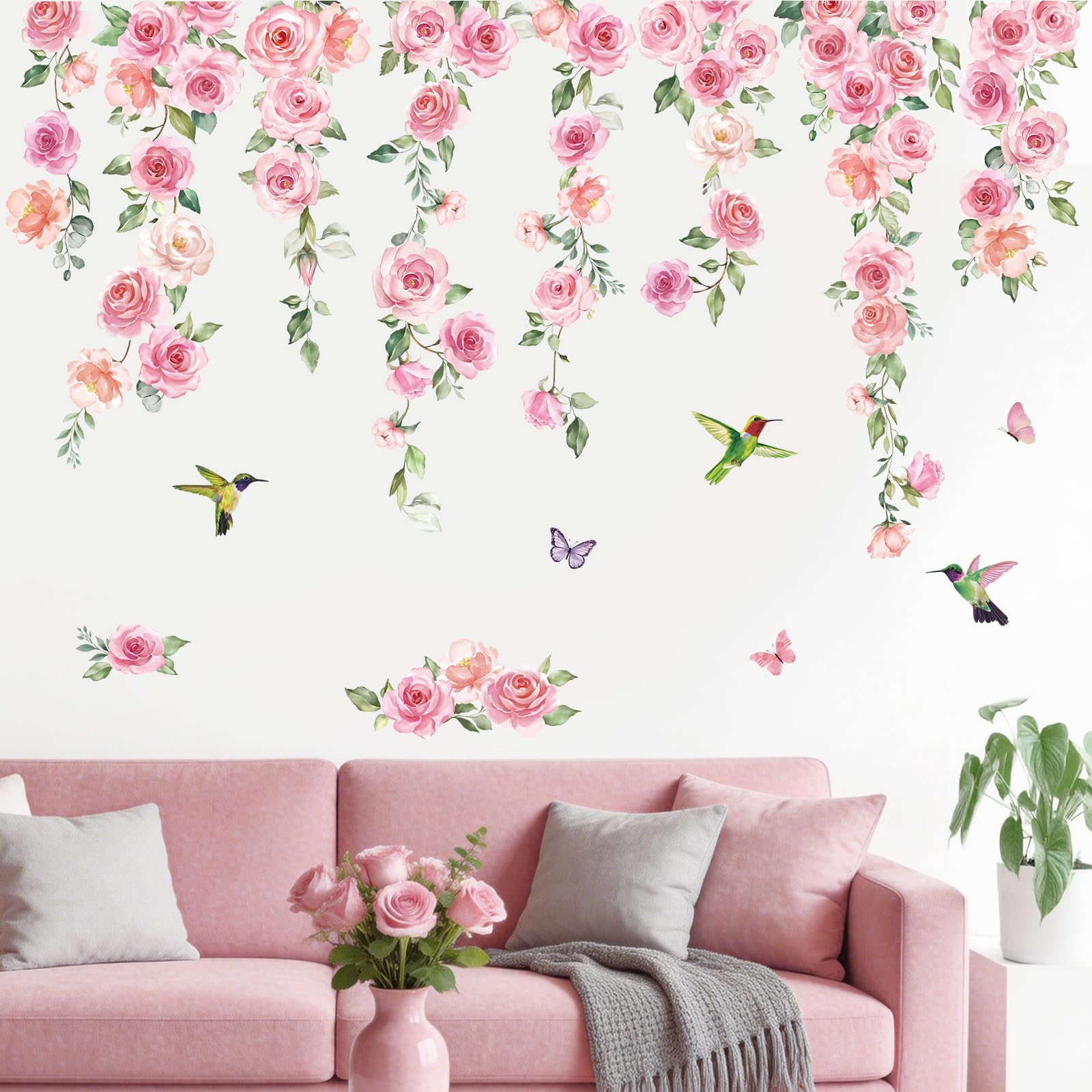 SHUCHING Pink Rose Vine Wall Stickers, Pink Flower Hanging Vine Wall Decals, Removable Vinyl Decorations Art for Girls Women Bedroom Living Room Door Mirror