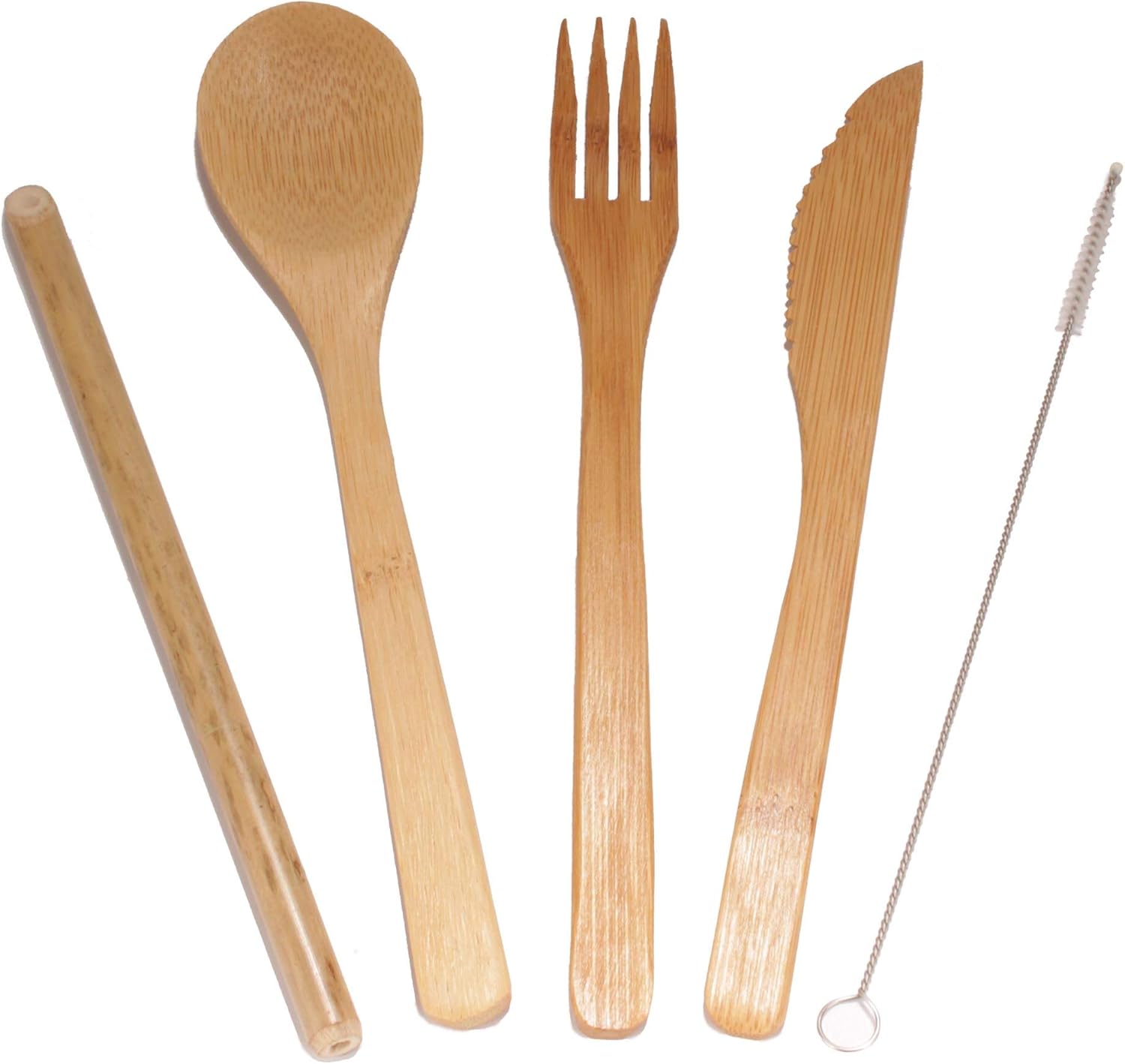 BambooMN Bamboo Utensils - 1 Straw + 1 Fork + 1 Knife + 1 Spoon + 1 Straw Cleaner