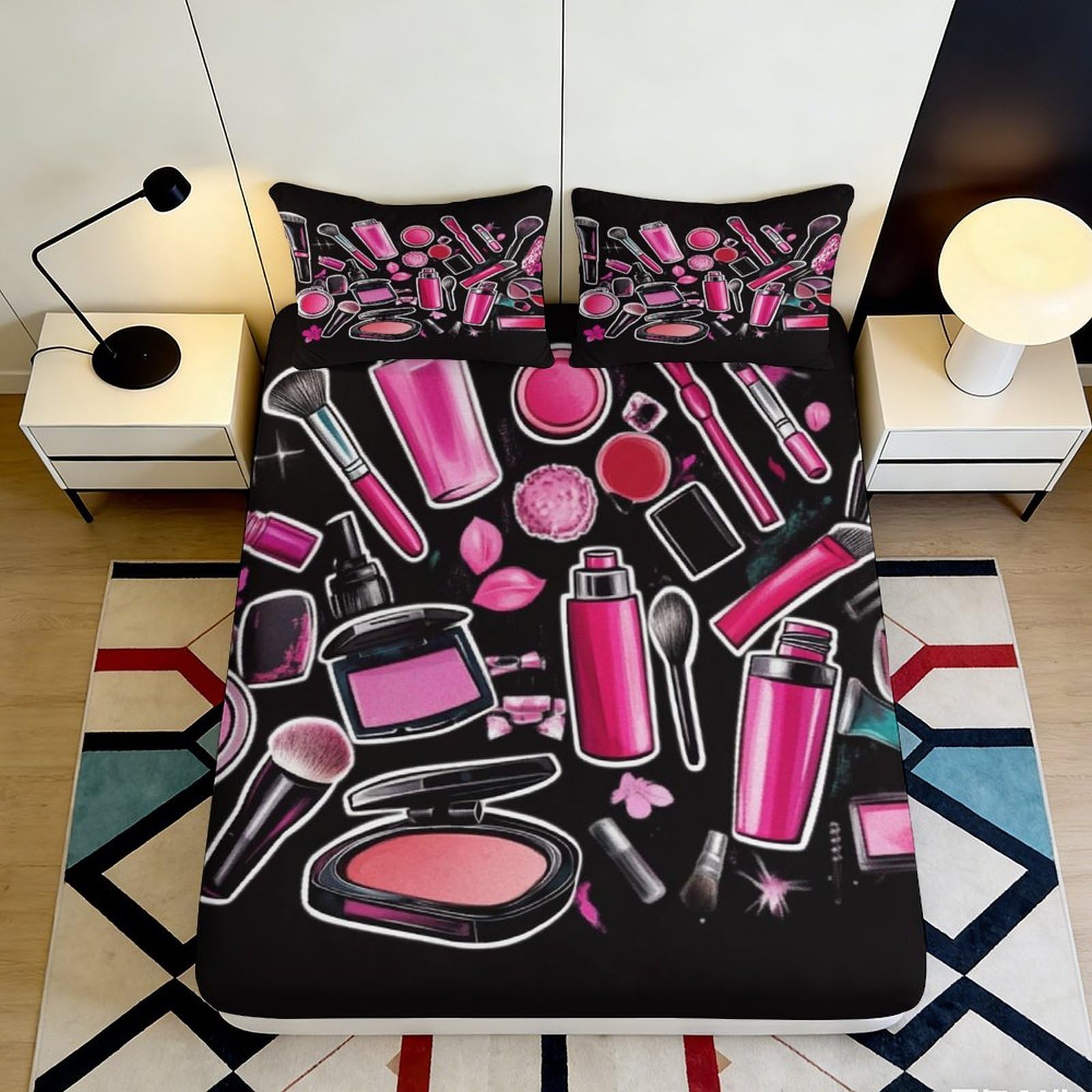 3D Printed Makeup Beauty Fitted Sheet Microfiber Soft Pink Black Cosmetic Pattern Mattress Cover for Bedroom Dorm Decor 90x200x25cm
