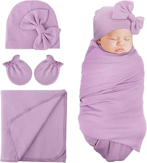 DRESHOW BQUBO Newborn Receiving Blanket Bow Hat Gloves Set Cotton Warm Baby Swaddle Blanket Wrap Baby Sleep Sack Shower Gift