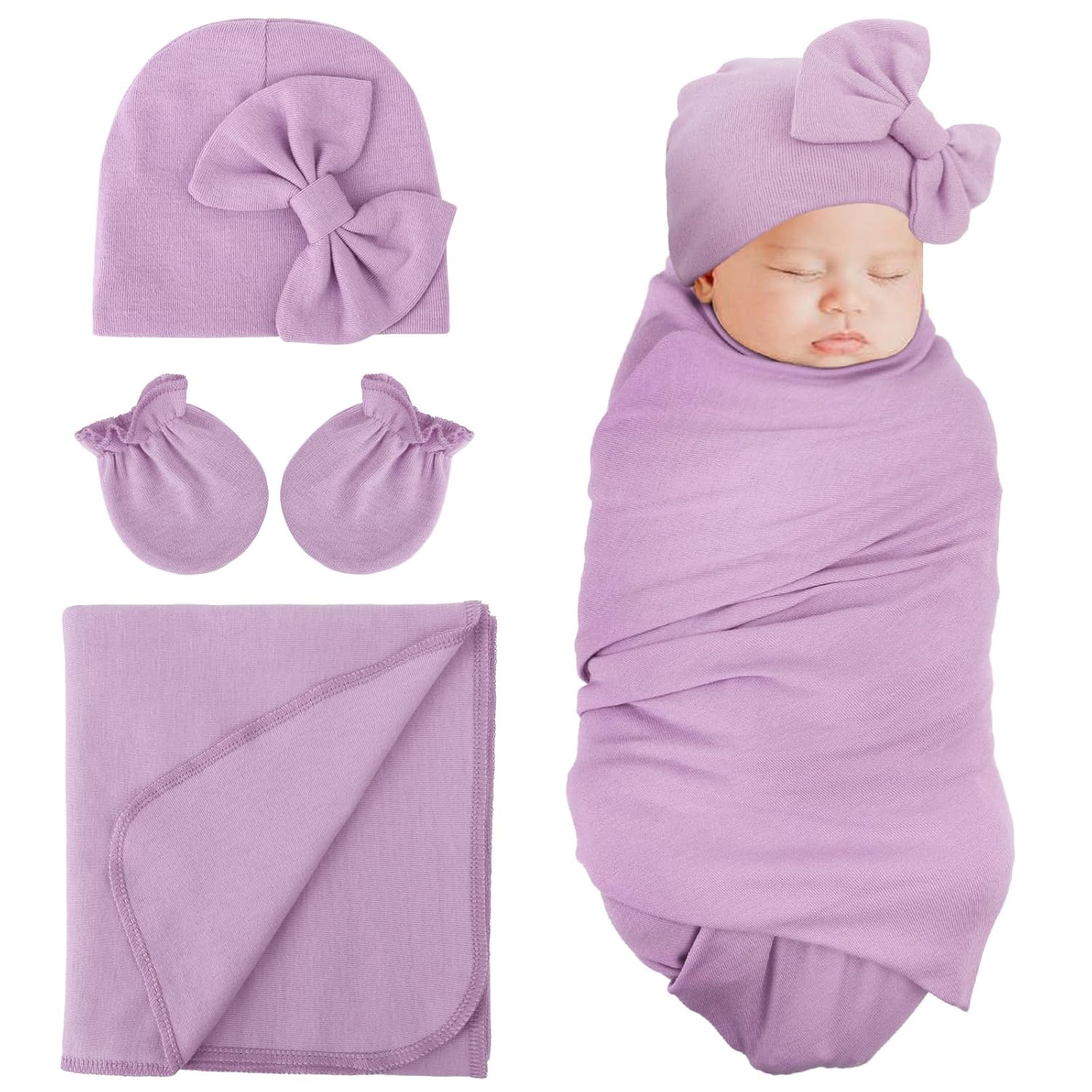 DRESHOW BQUBO Newborn Receiving Blanket Bow Hat Gloves Set Cotton Warm Baby Swaddle Blanket Wrap Baby Sleep Sack Shower Gift