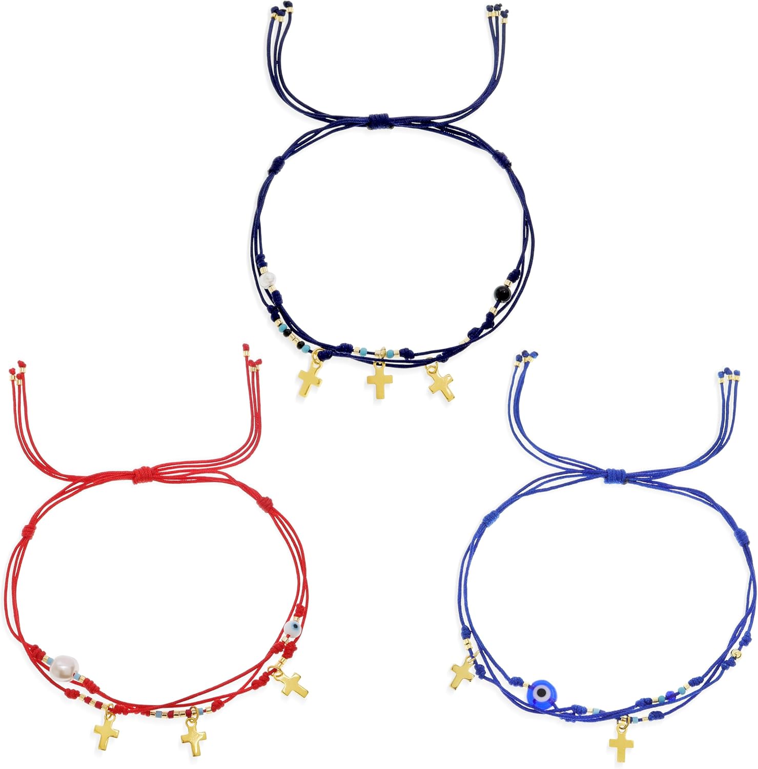 Evil Eye Gold Cross Charm Bracelets Stack Set for Women, Dainty Boho Handmade Adjustable Pearl Beads Layered Blue Red String Strand Bracelet Outfit Accessories Jewelry Gift.